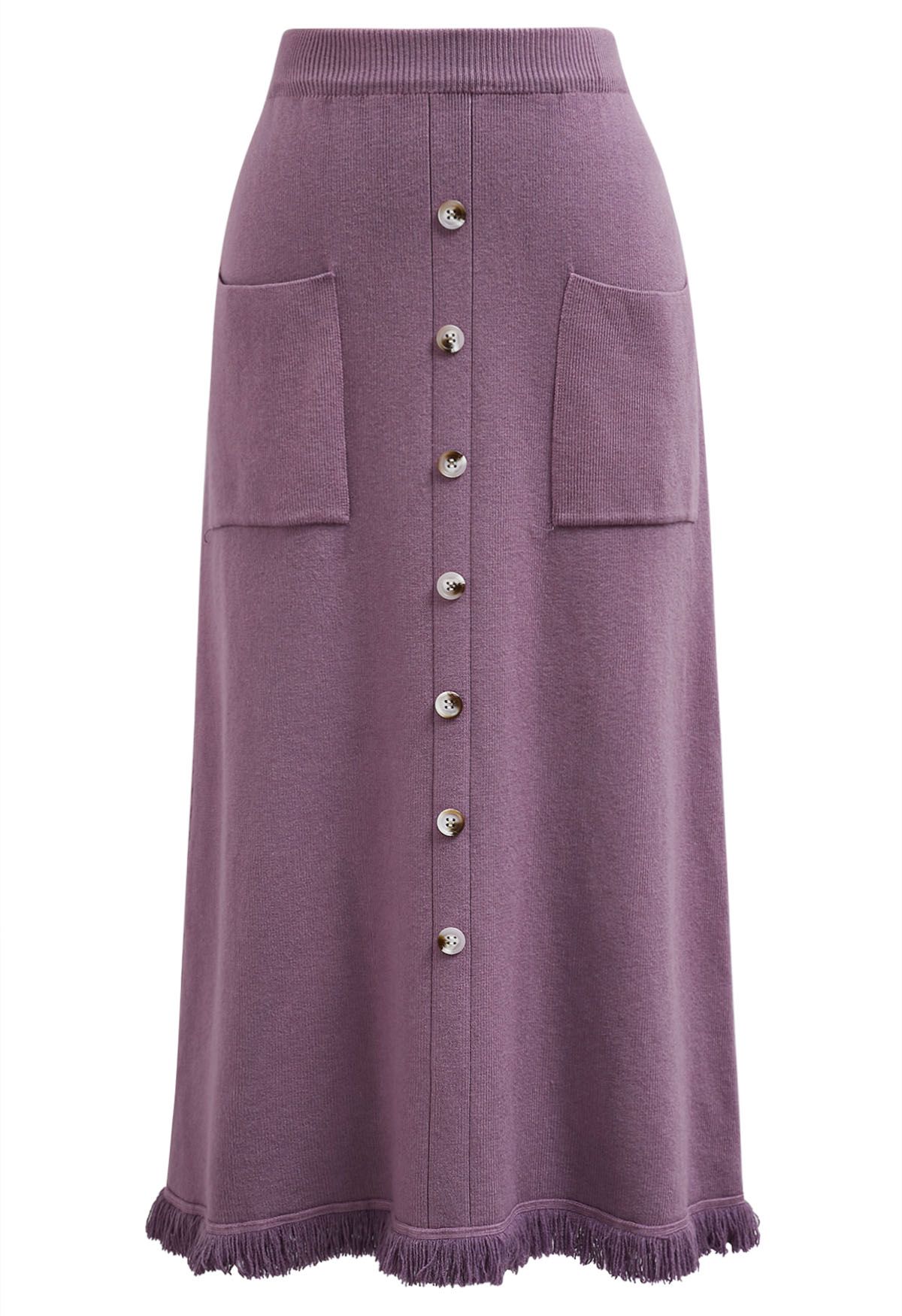 Button Trim Fringe Hem Knit Midi Skirt in Lilac