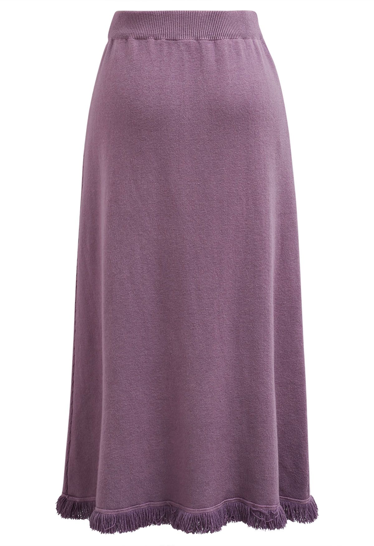 Button Trim Fringe Hem Knit Midi Skirt in Lilac