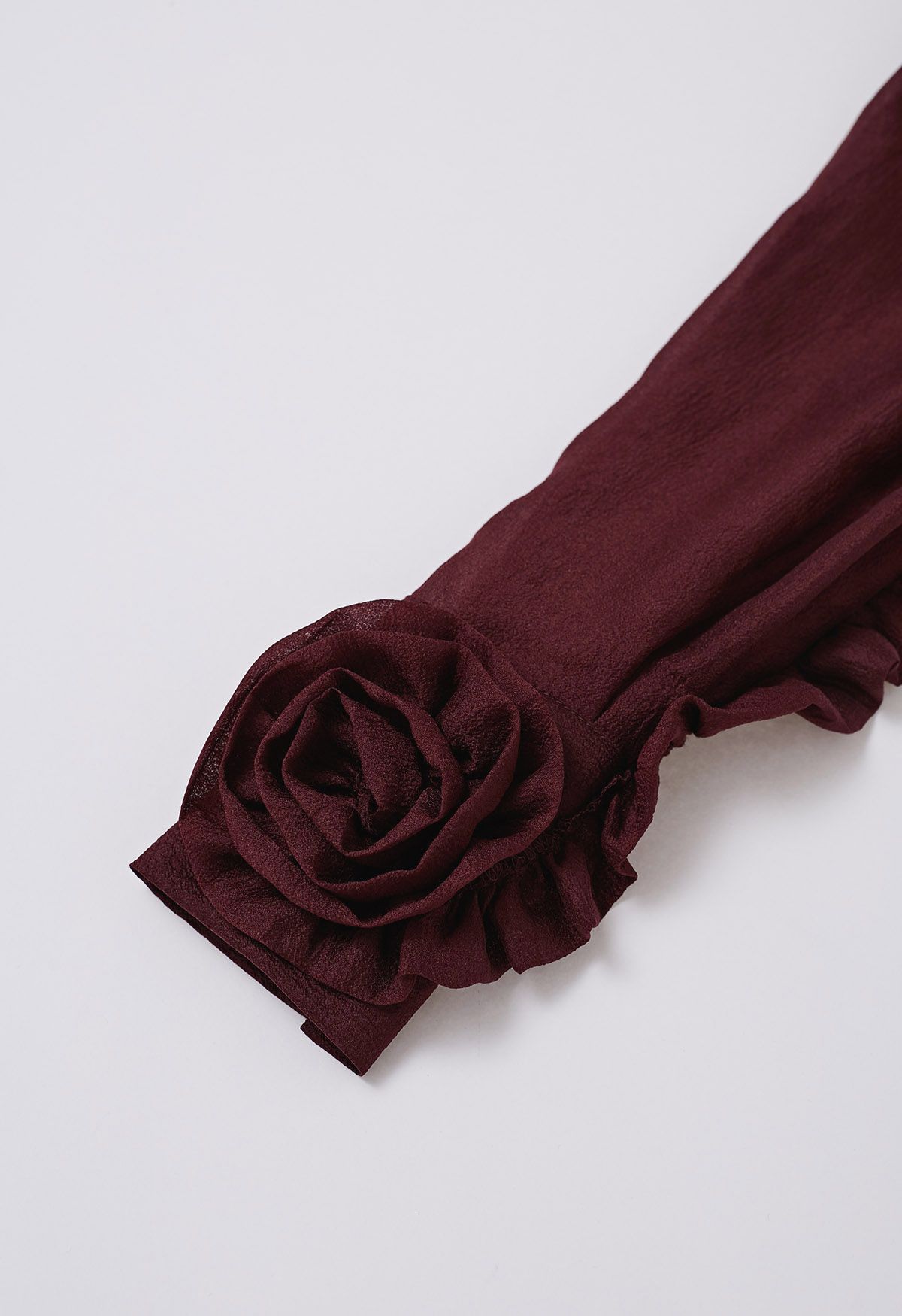 Bowknot Neckline Rose Cuff Sheer Top in Burgundy