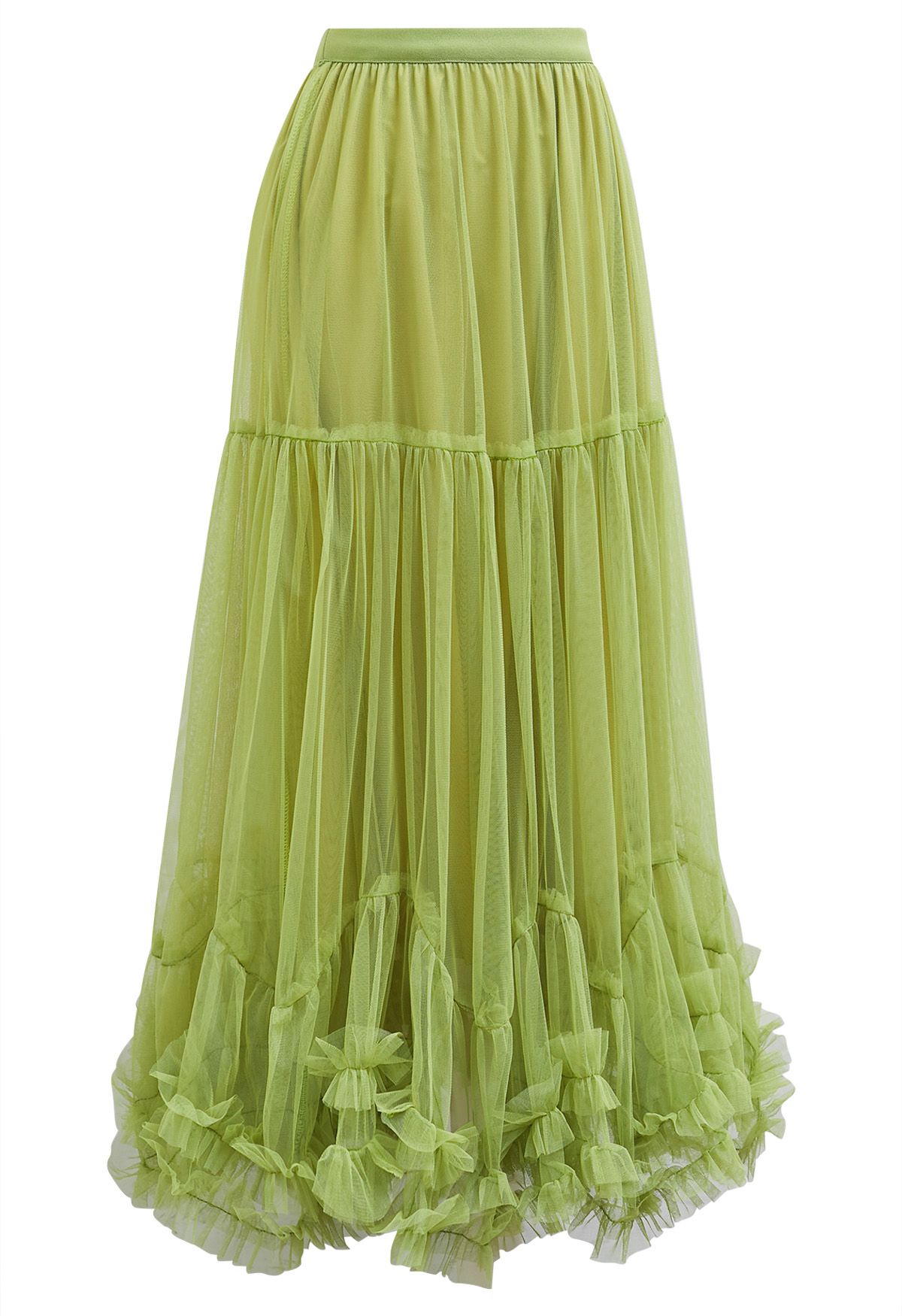 Ruffle Hem Double-Layered Mesh Maxi Skirt in Lime