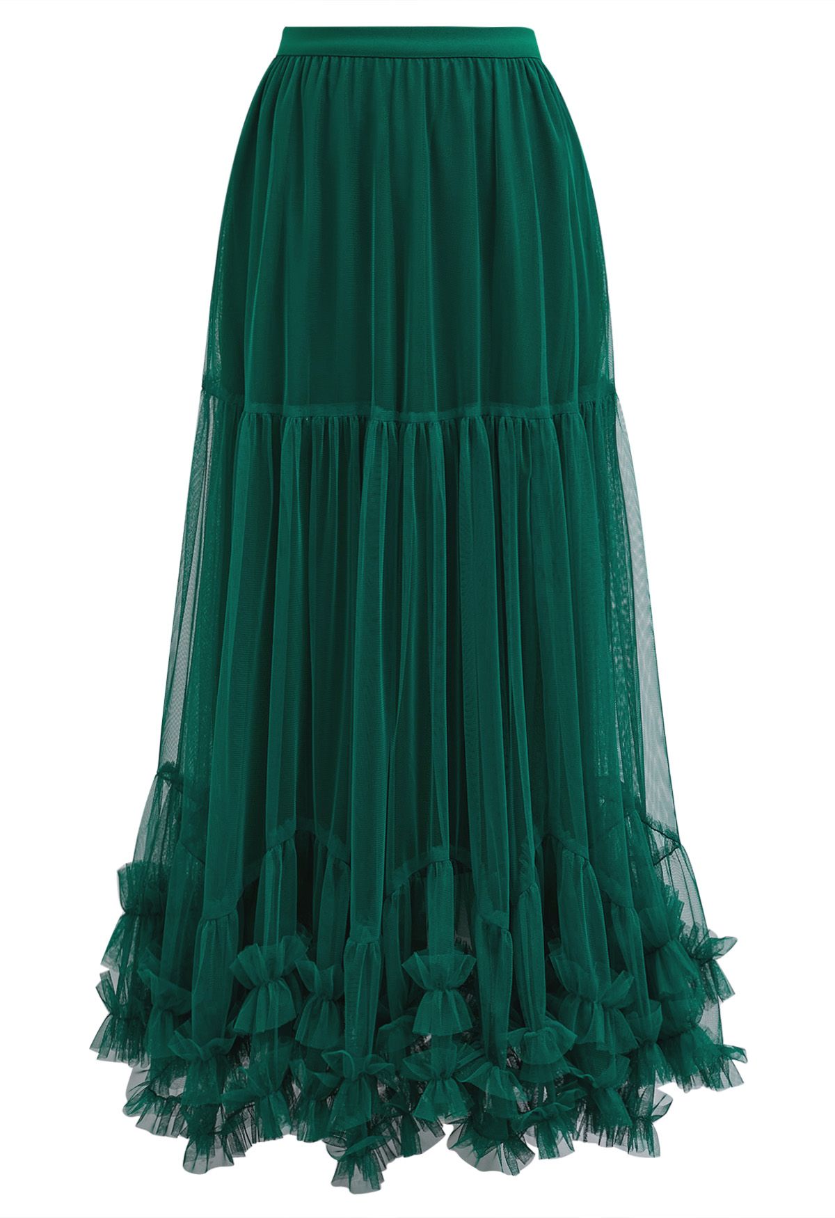 Ruffle Hem Double-Layered Mesh Maxi Skirt in Dark Green