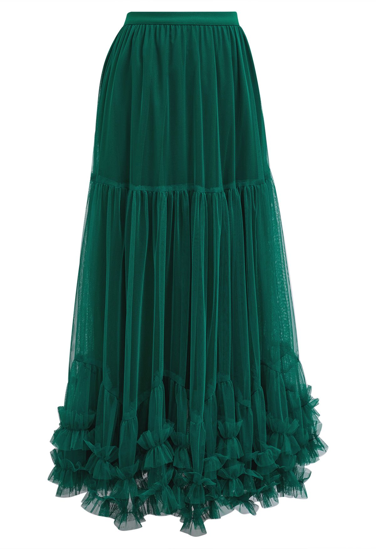 Ruffle Hem Double-Layered Mesh Maxi Skirt in Dark Green