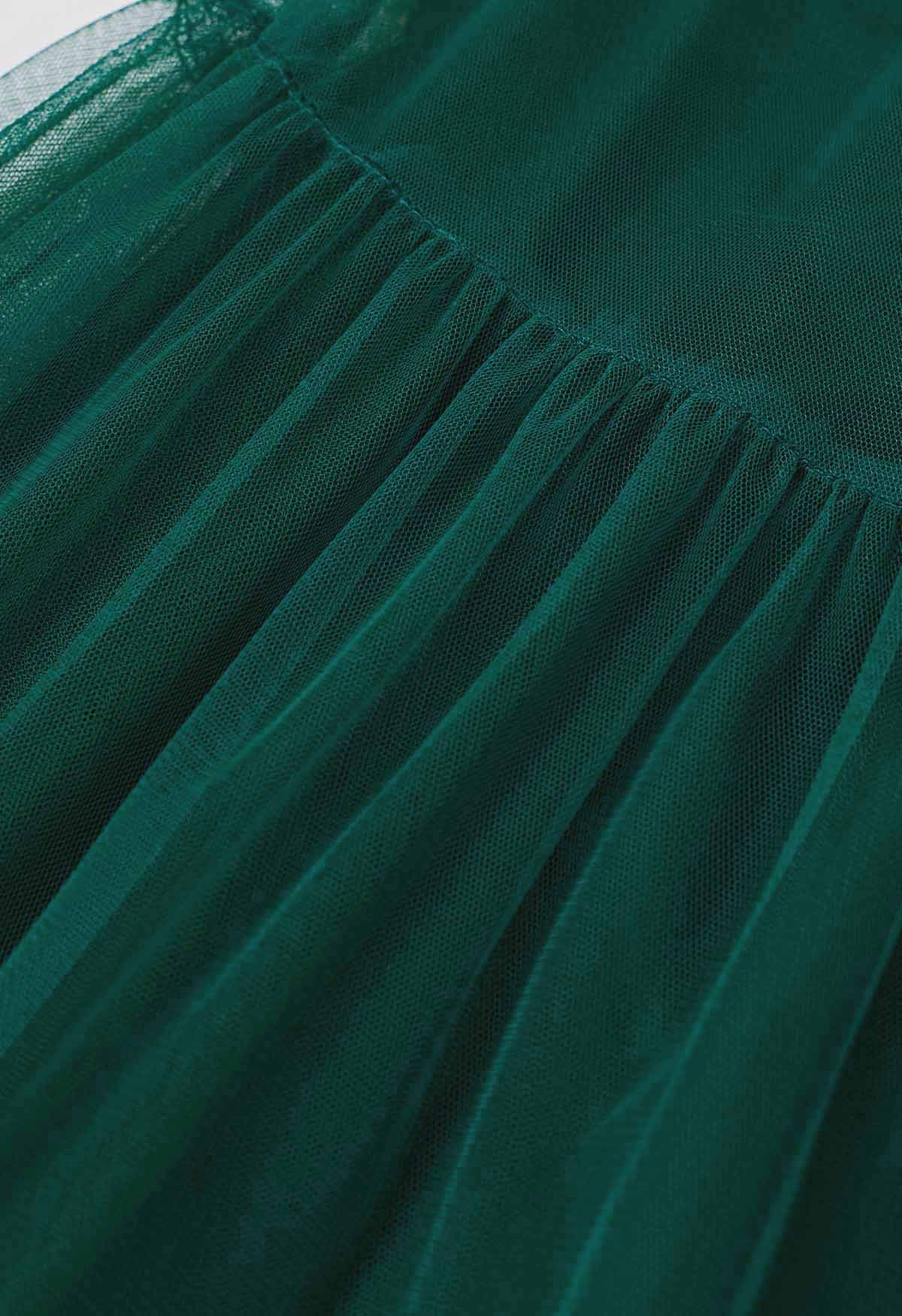 Ruffle Hem Double-Layered Mesh Maxi Skirt in Dark Green