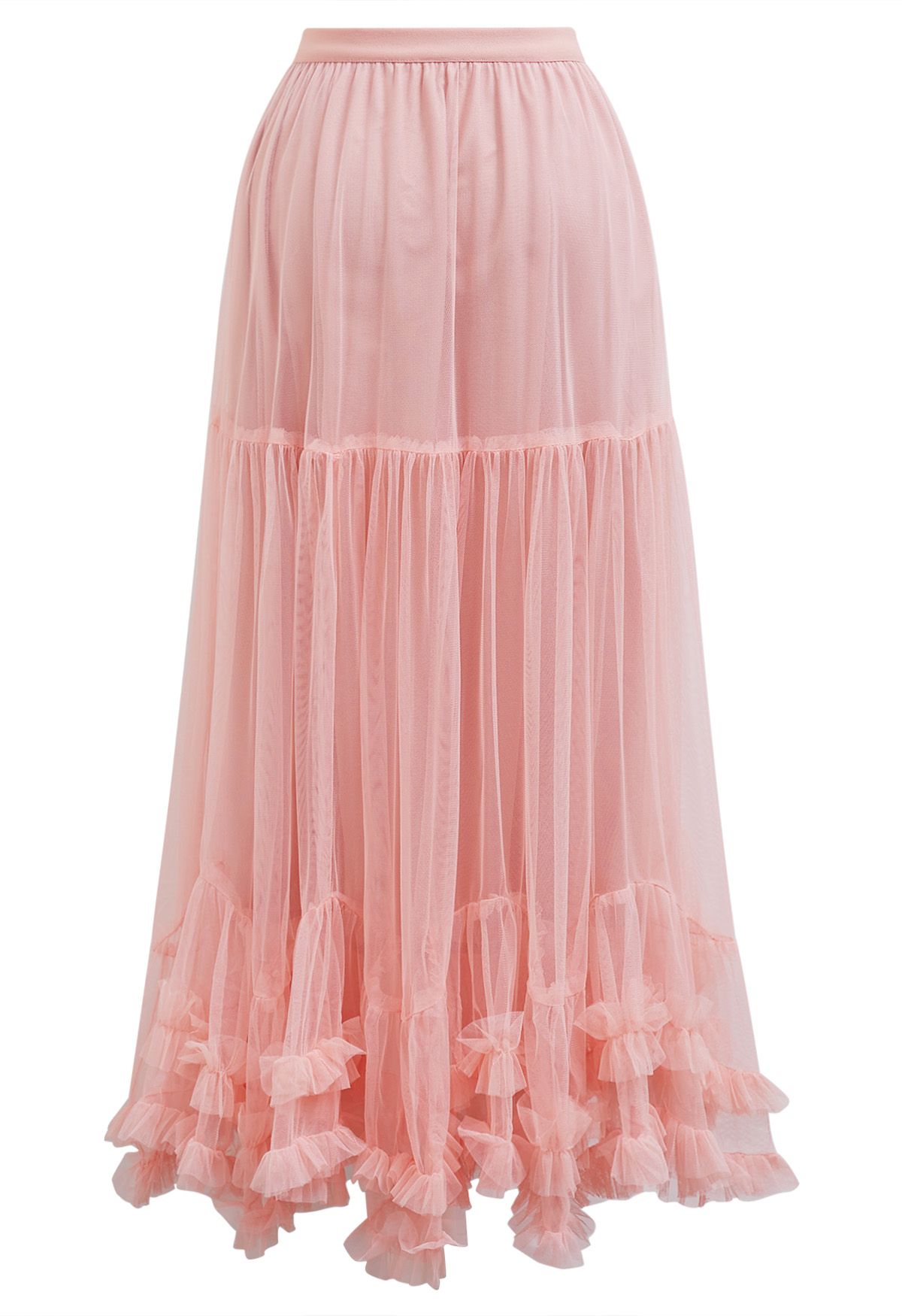 Ruffle Hem Double-Layered Mesh Maxi Skirt in Pink