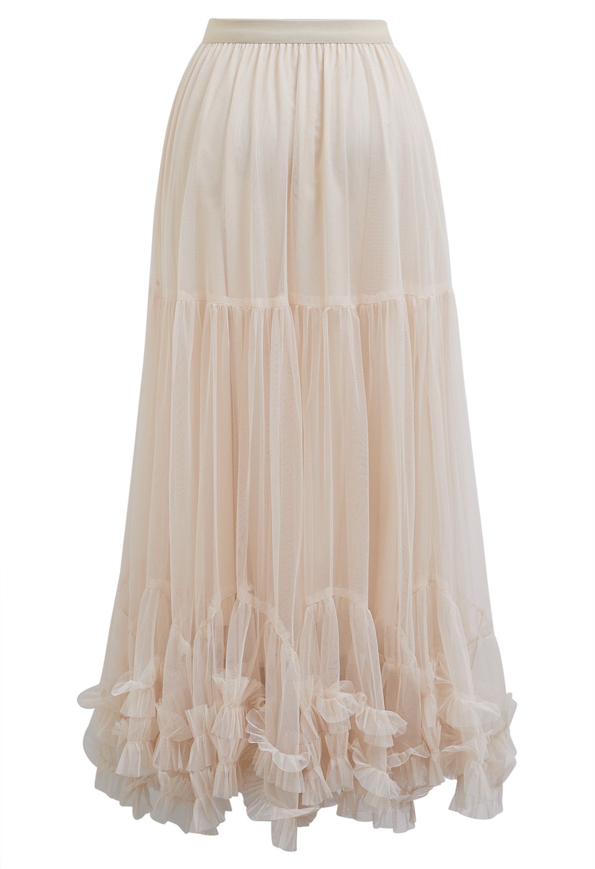 Ruffle Hem Double-Layered Mesh Maxi Skirt in Apricot