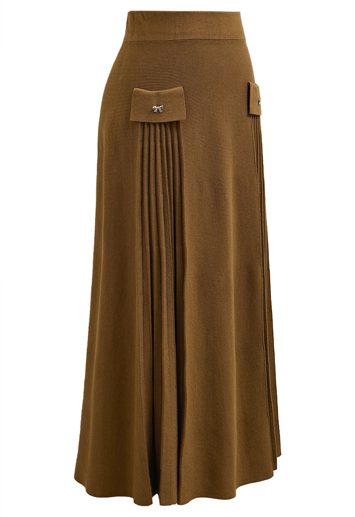 Little Bow Decorated Pleats Knit Maxi Skirt in Brown