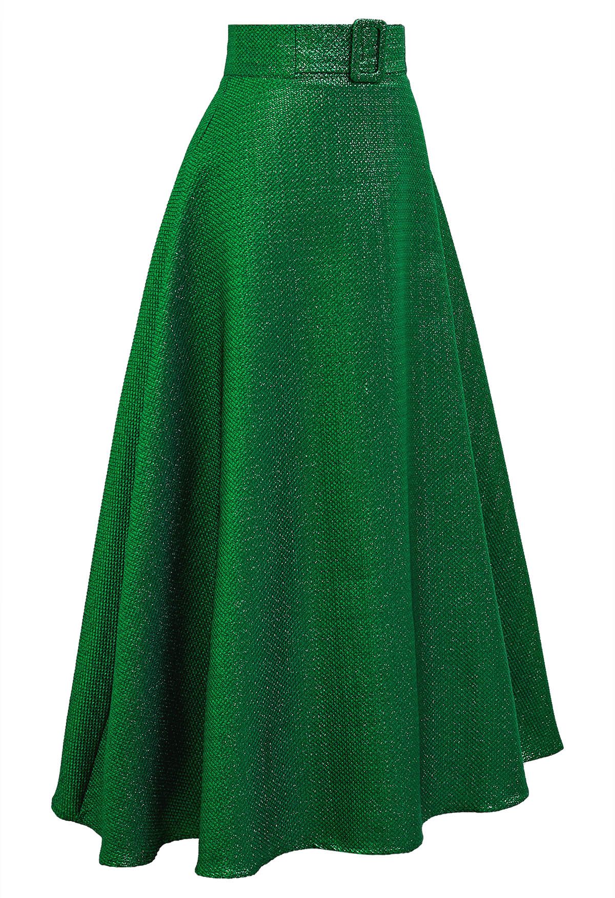 Metallic Embossed Belted A-Line Maxi Skirt in Green