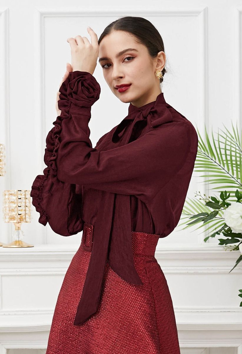 Bowknot Neckline Rose Cuff Sheer Top in Burgundy