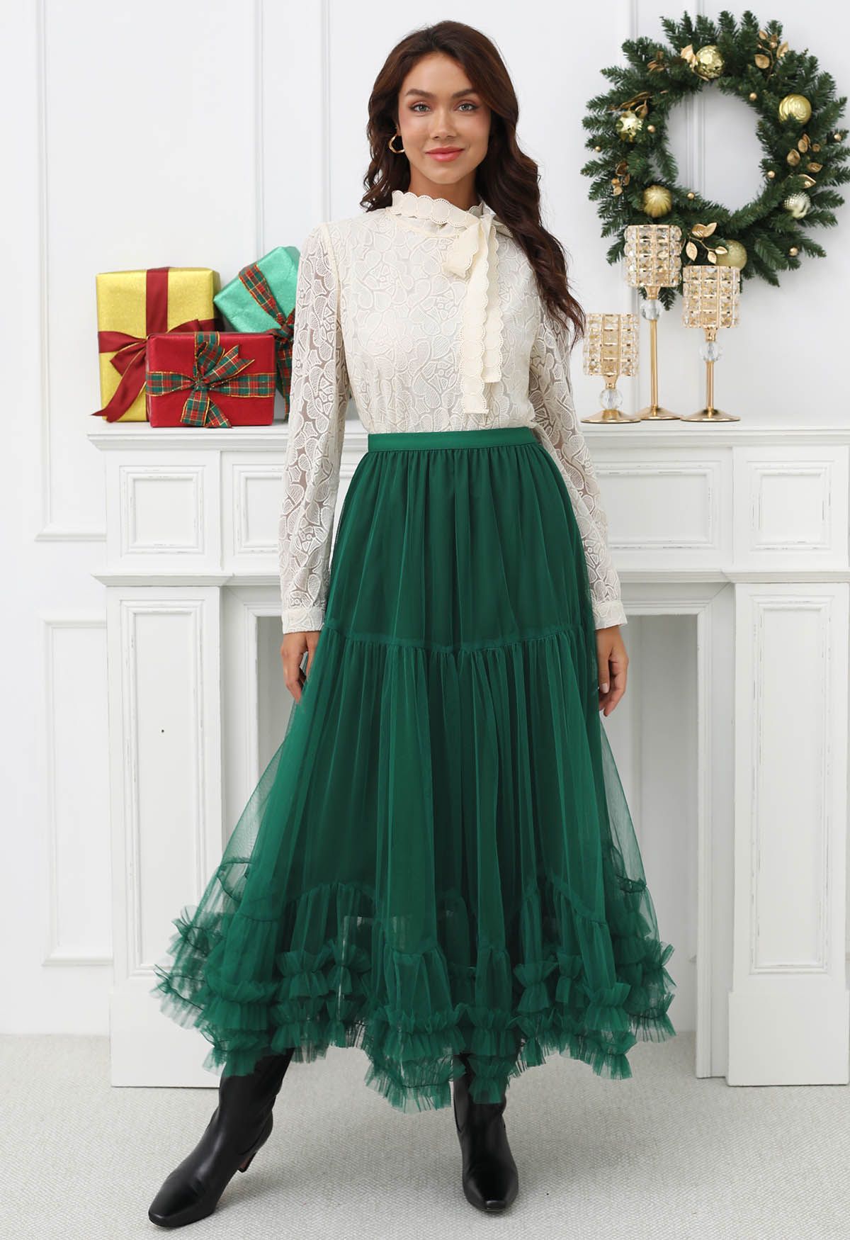 Ruffle Hem Double-Layered Mesh Maxi Skirt in Dark Green