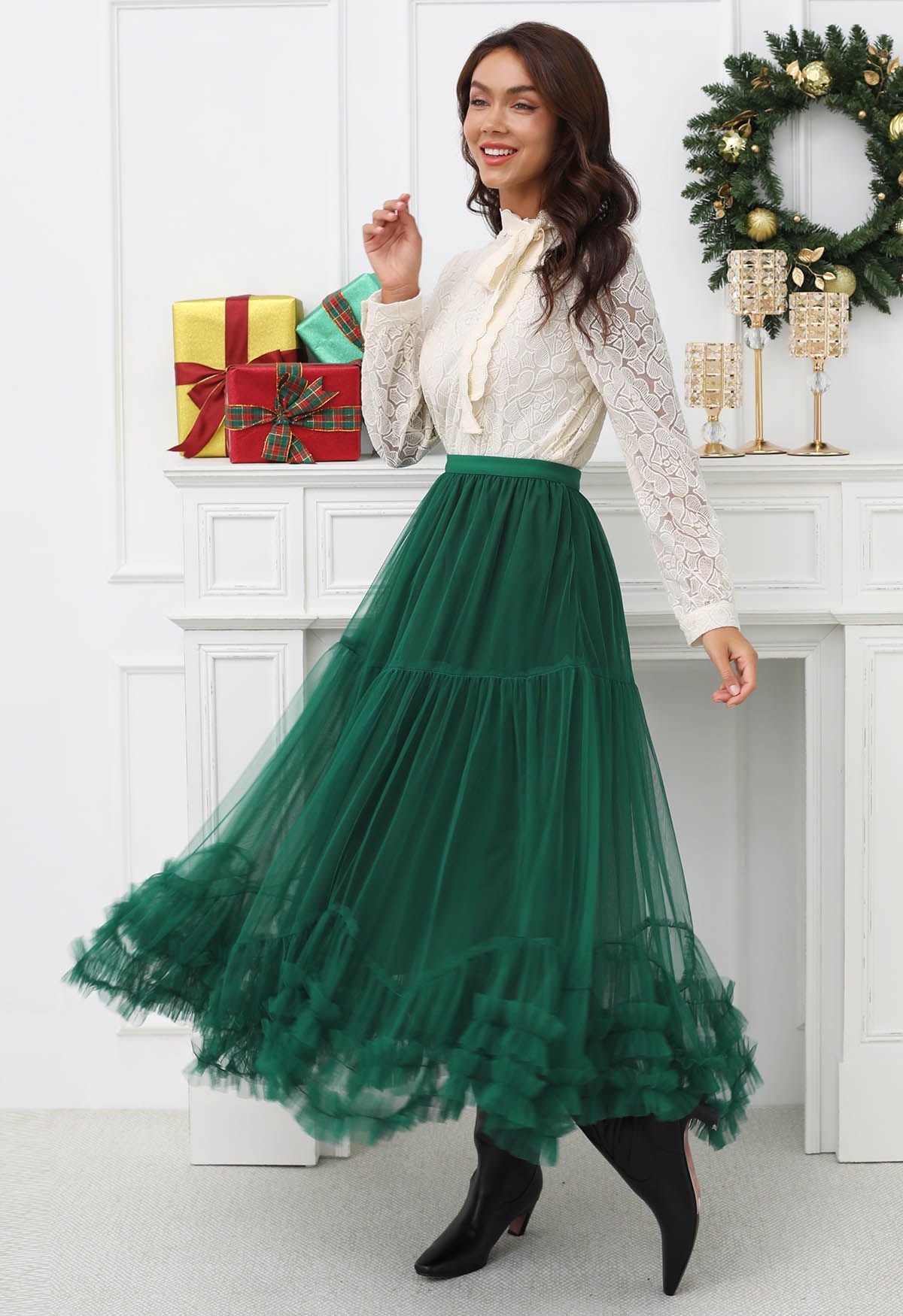 Ruffle Hem Double-Layered Mesh Maxi Skirt in Dark Green