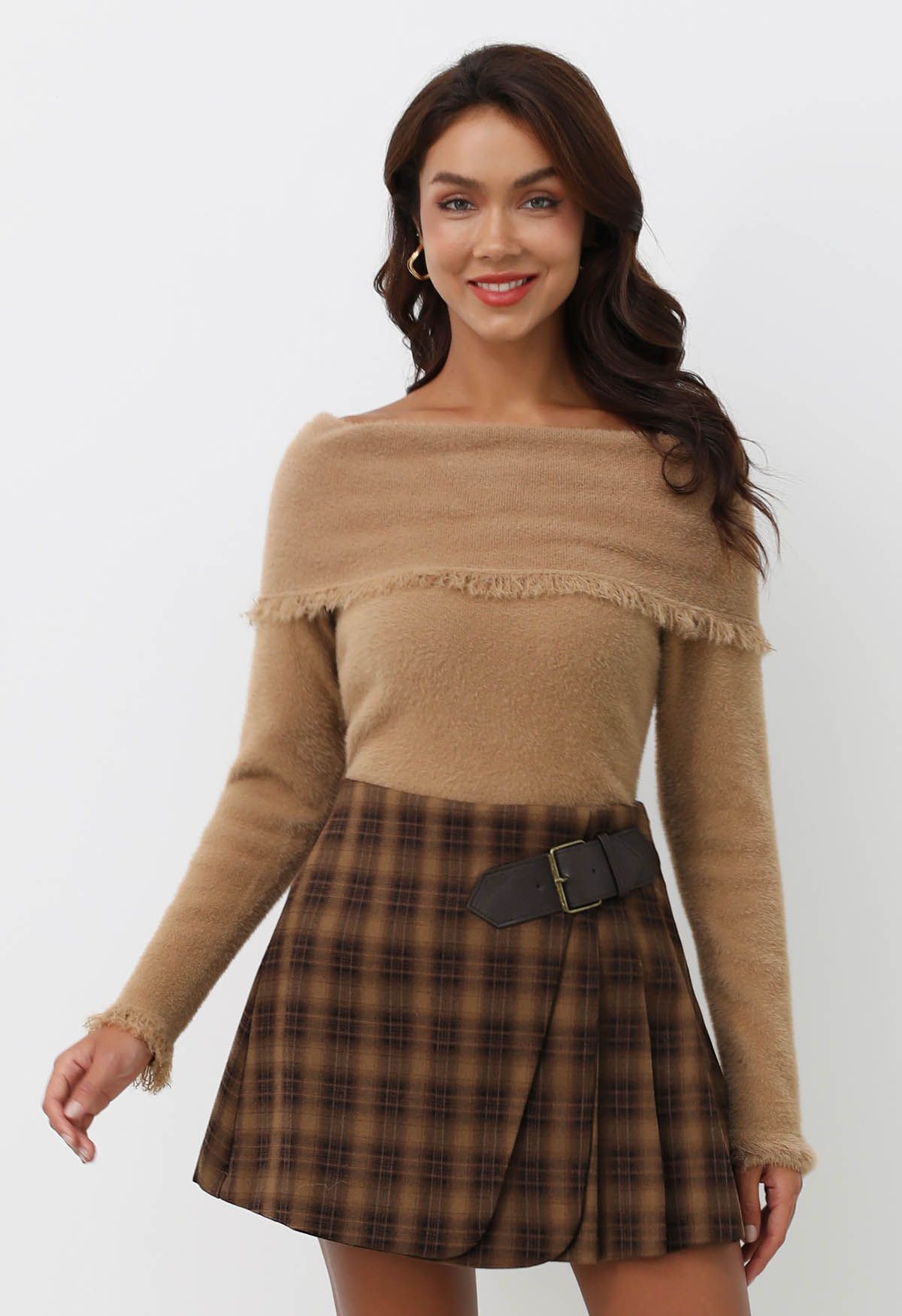 Tassel Folded Off-Shoulder Fuzzy Knit Top in Tan