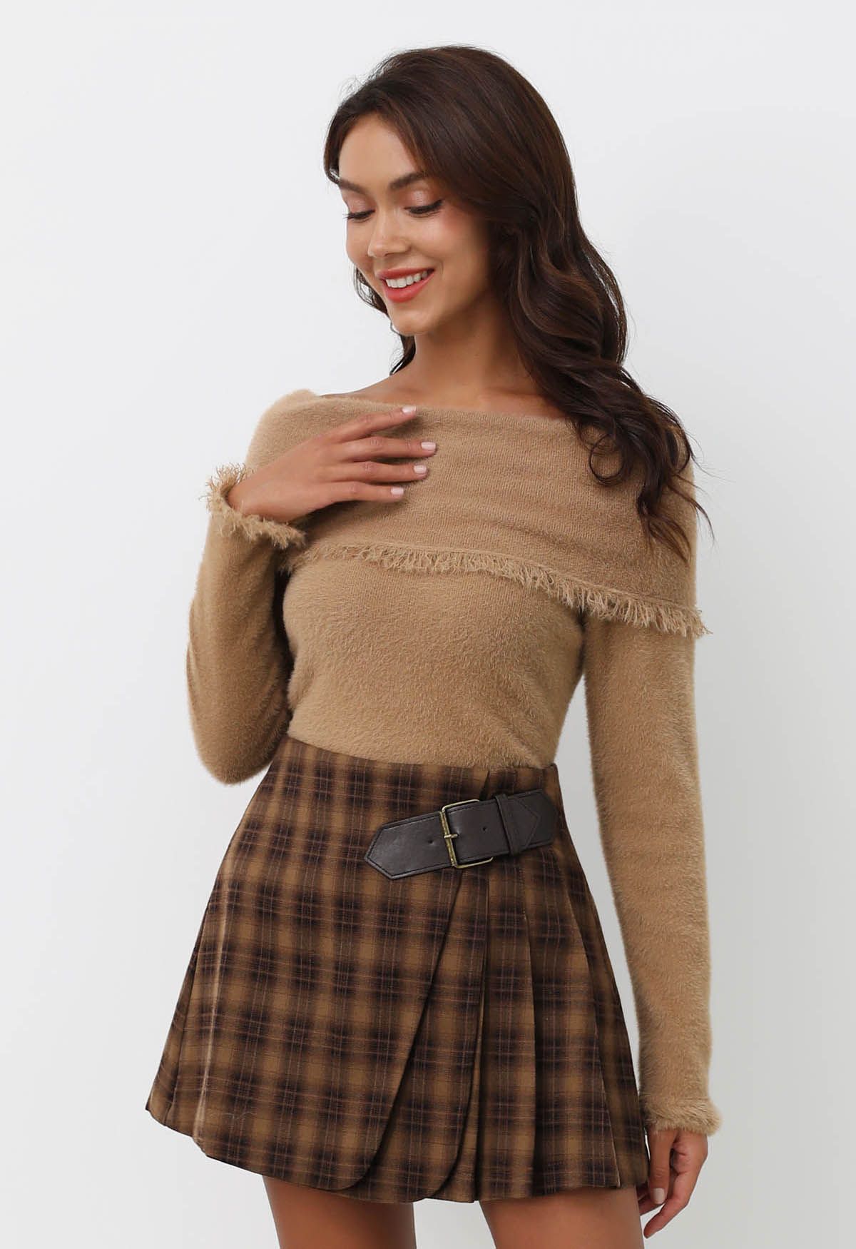 Tassel Folded Off-Shoulder Fuzzy Knit Top in Tan