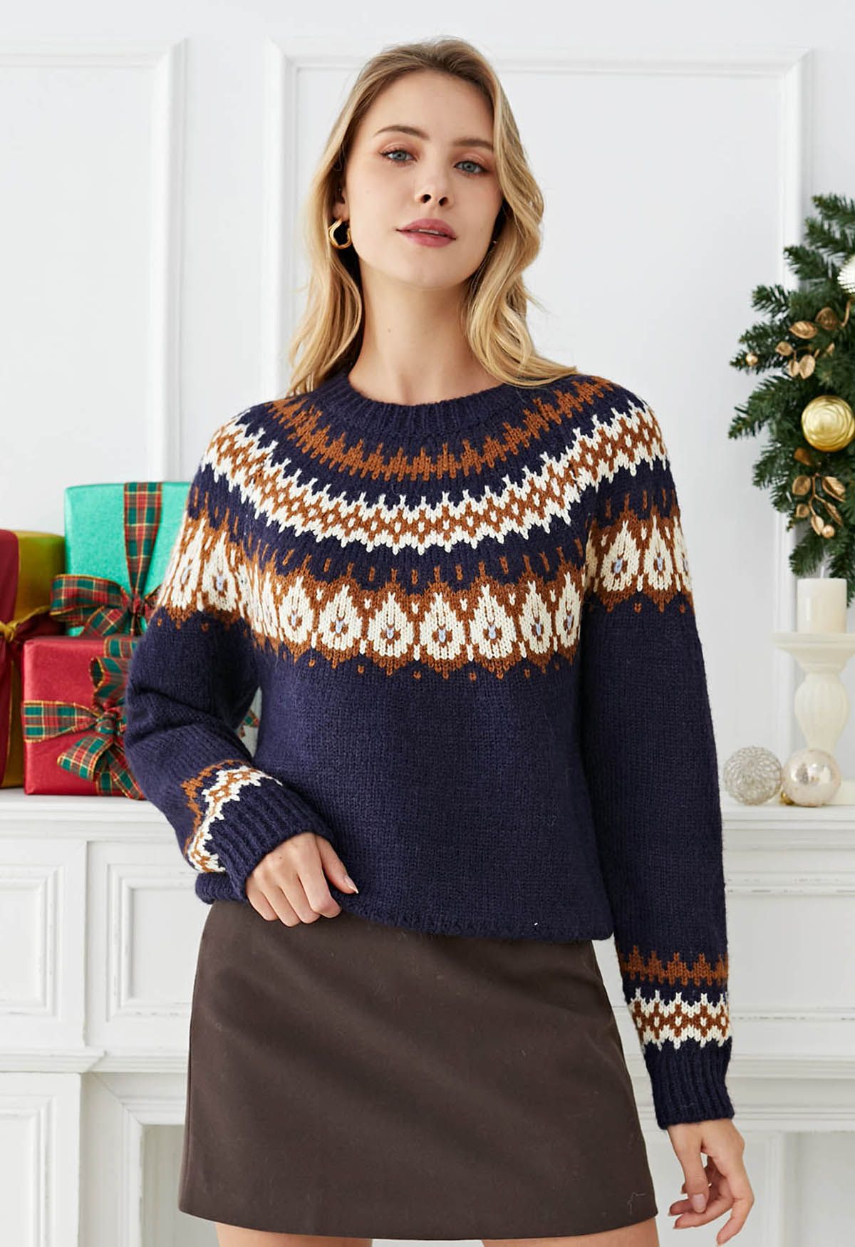 Playful Waterdrop Fair Isle Knit Sweater in Navy