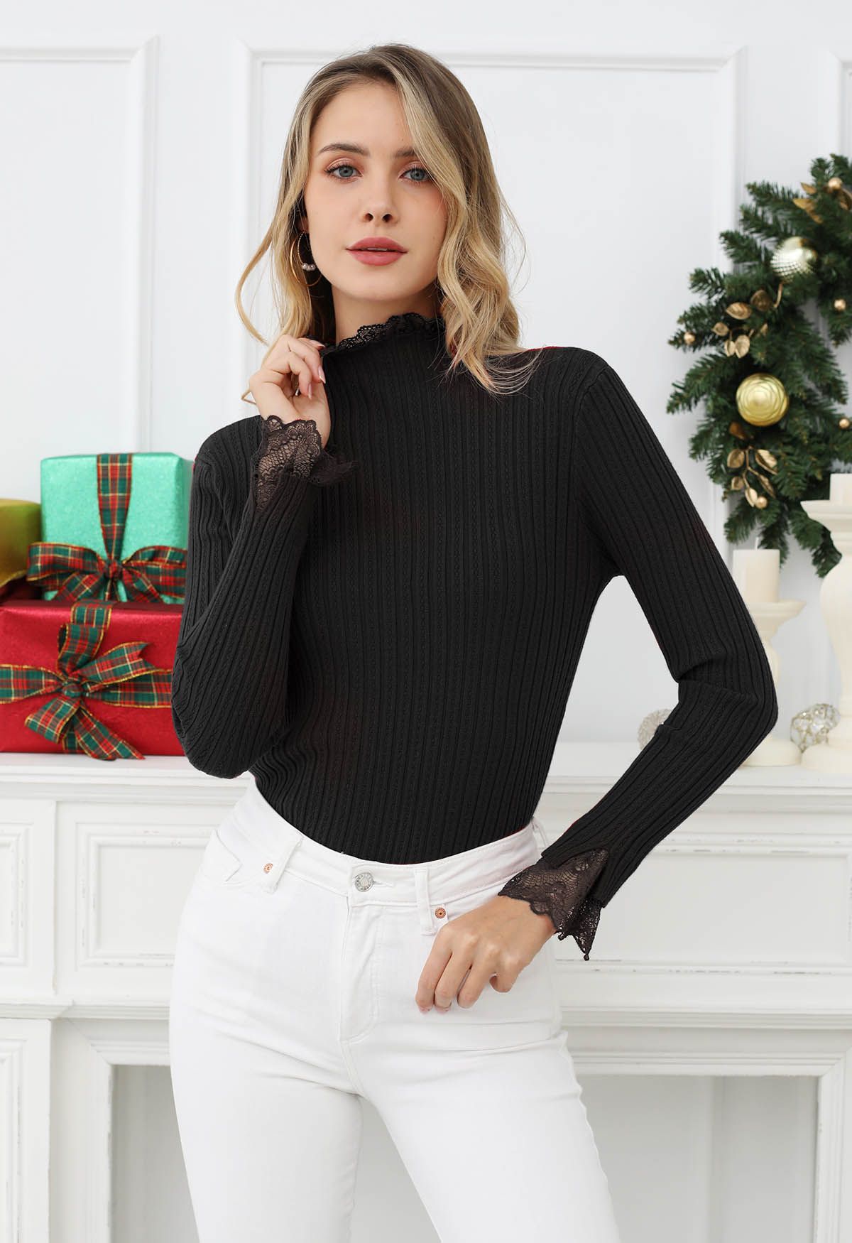 Lace Trim Mock Neck Ribbed Knit Top in Black