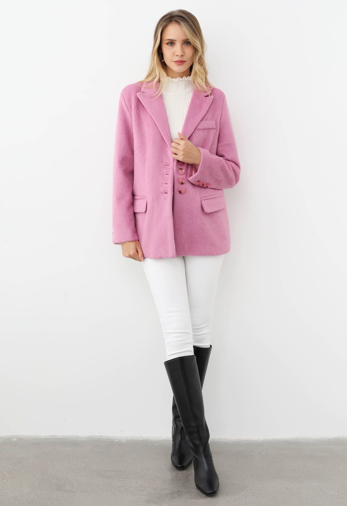 Peak Lapel Buttoned Faux Fur Blazer Coat in Candy Pink