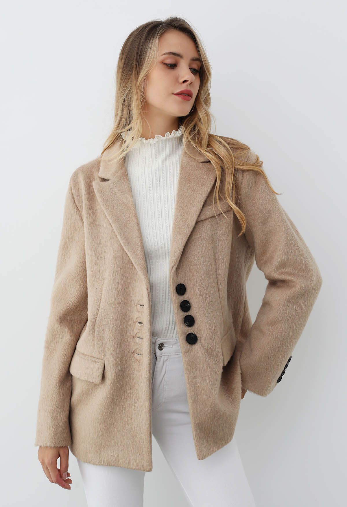 Peak Lapel Buttoned Faux Fur Blazer Coat in Light Tan