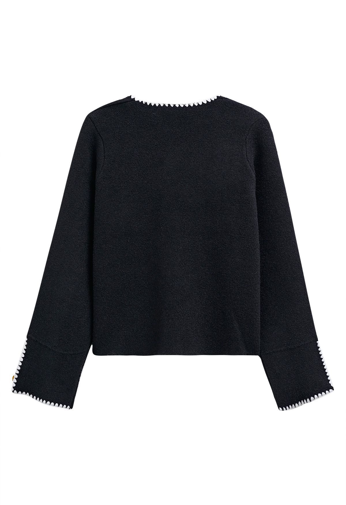 Contrast Whipstitch-Trimmed Buttoned Knit Cardigan in Black