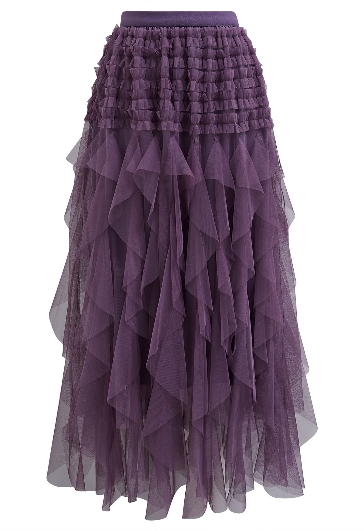 Ruffle Panelled Mesh Tulle Midi Skirt in Purple