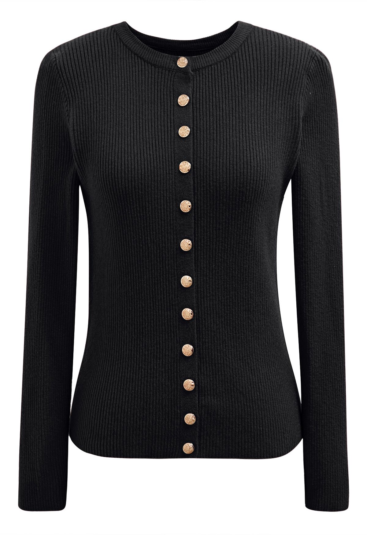 Chic Sense Button-Up Ribbed Knit Cardigan in Black