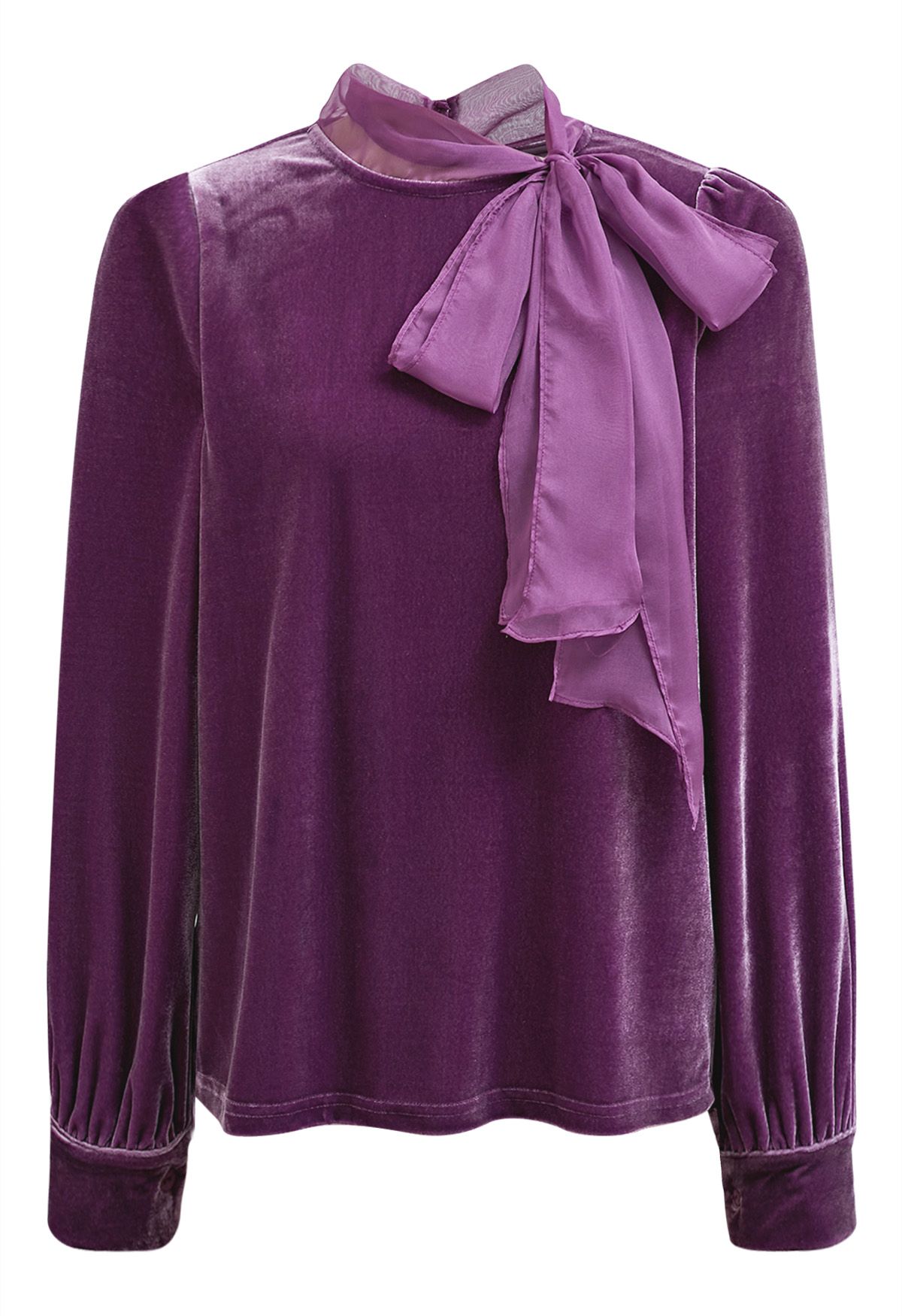 Organza Self-Tie Bowknot Velvet Top in Purple