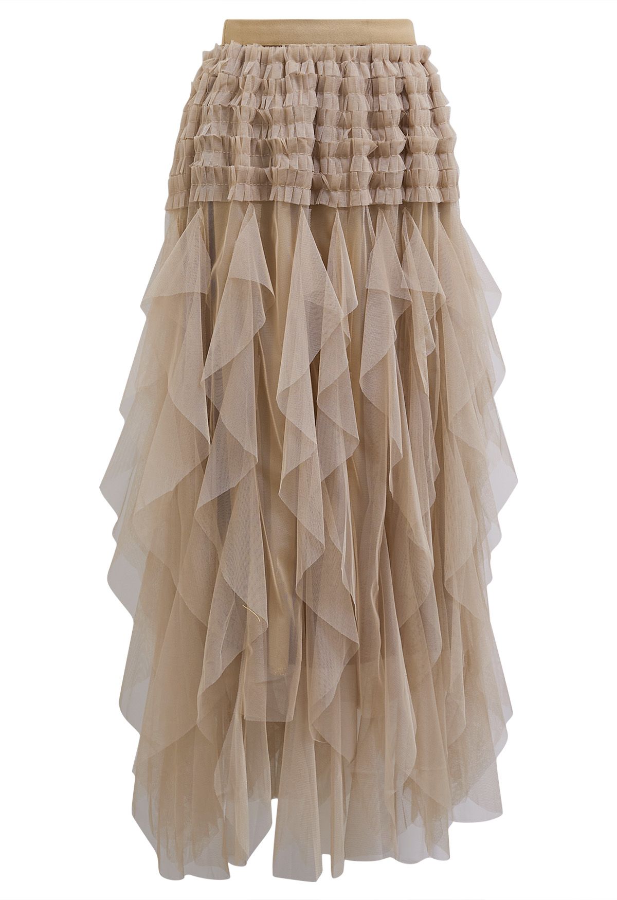 Ruffle Panelled Mesh Tulle Midi Skirt in Light Tan