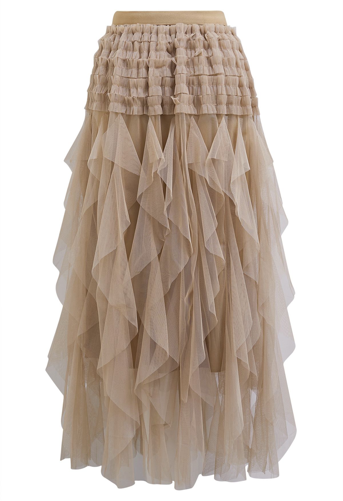 Ruffle Panelled Mesh Tulle Midi Skirt in Light Tan