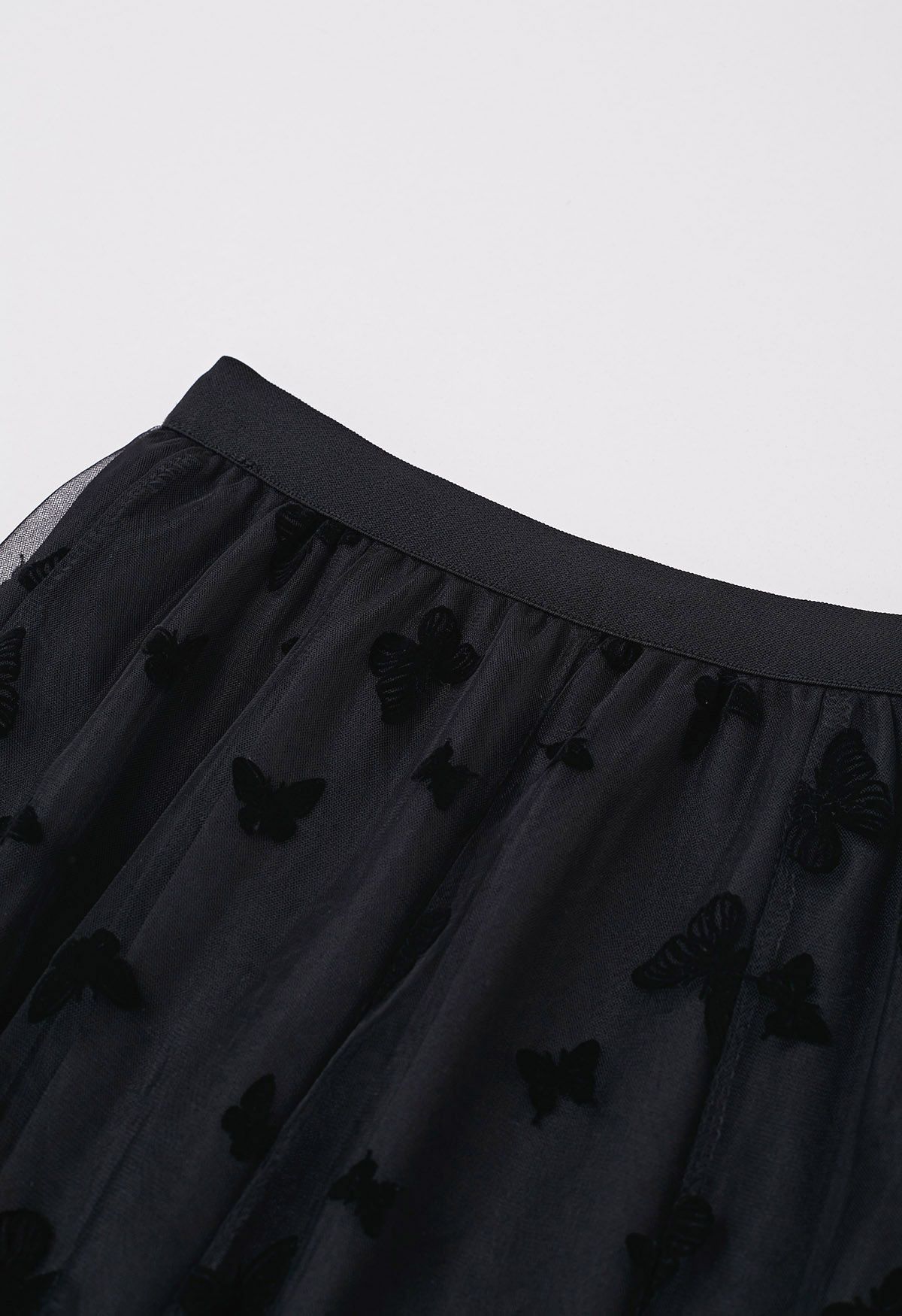 Waltzing Butterfly Mesh Tulle Midi Skirt in Black