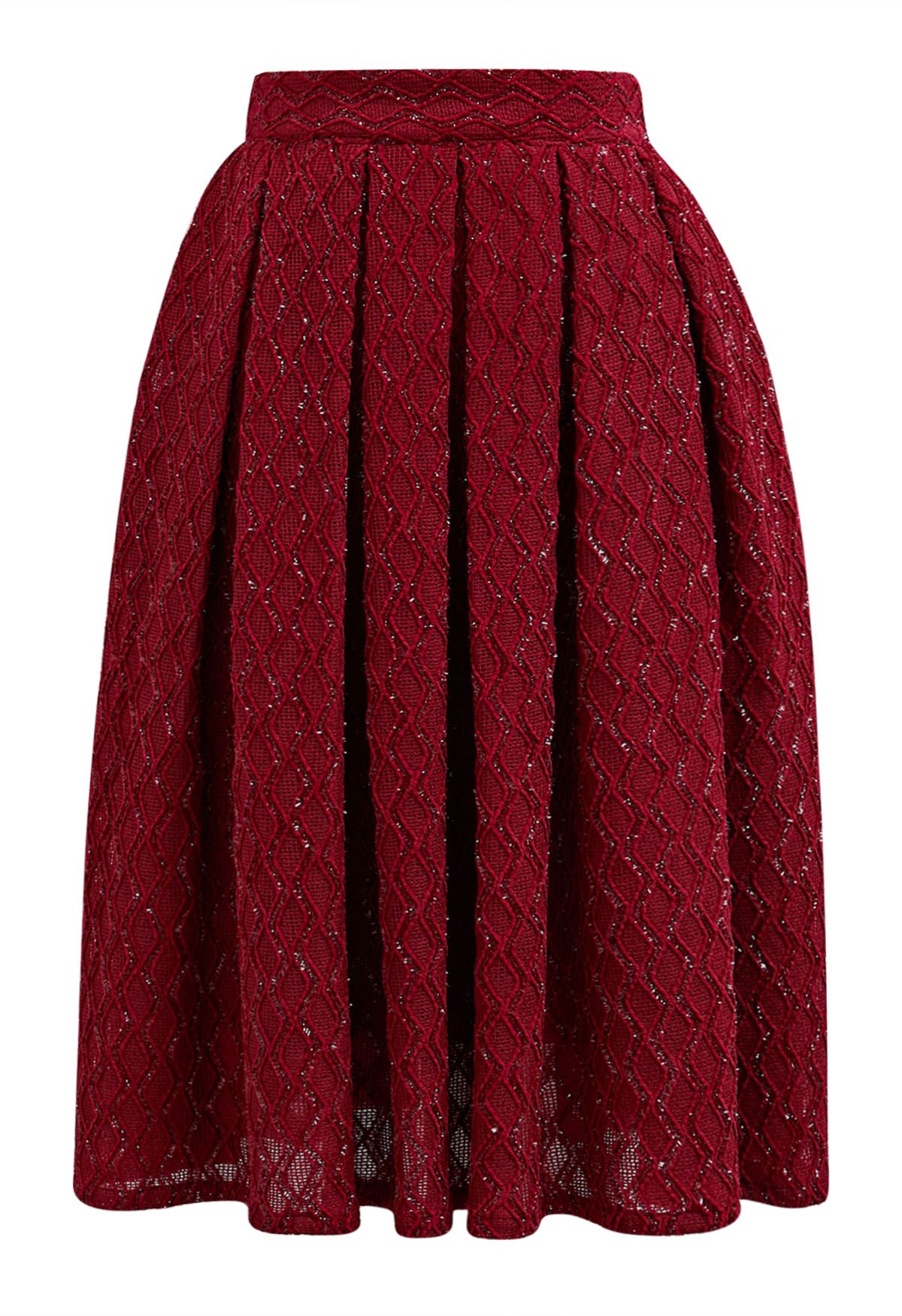 Fringed Zigzag Box Pleat Midi Skirt in Red