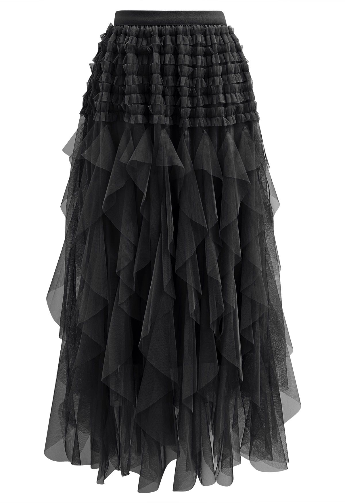 Ruffle Panelled Mesh Tulle Midi Skirt in Black