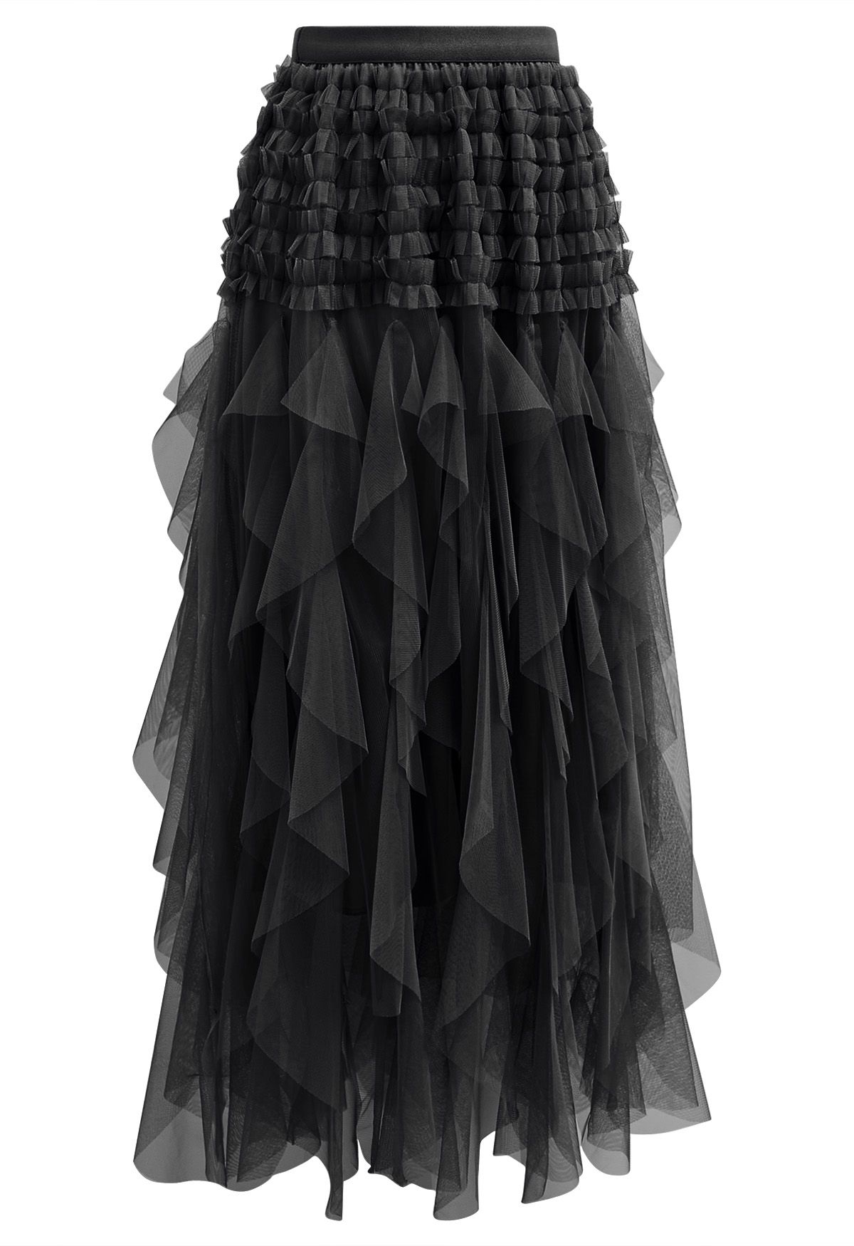 Ruffle Panelled Mesh Tulle Midi Skirt in Black