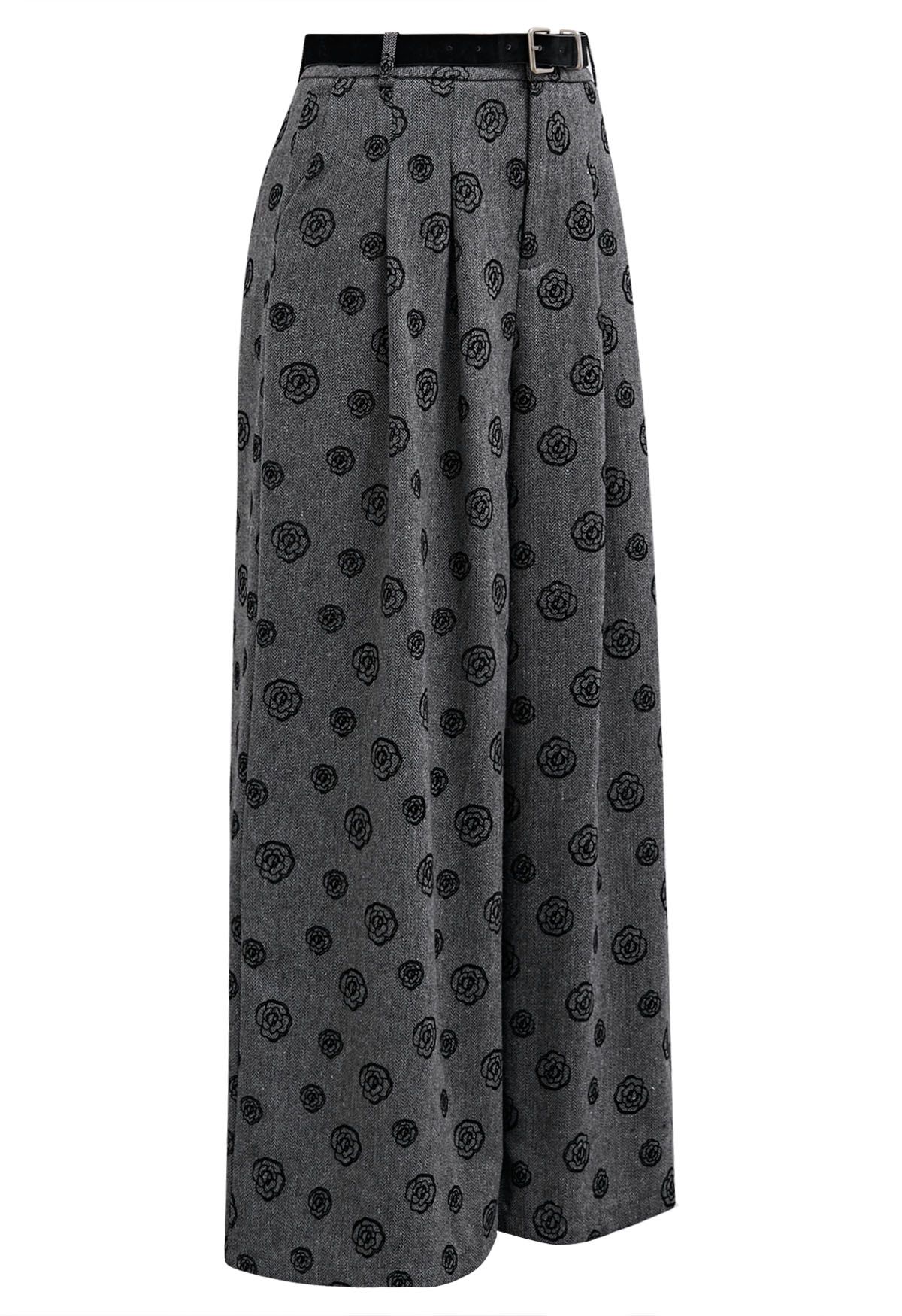 Velvet Rose Printed Herringbone Palazzo Pants with Belt in Smoke