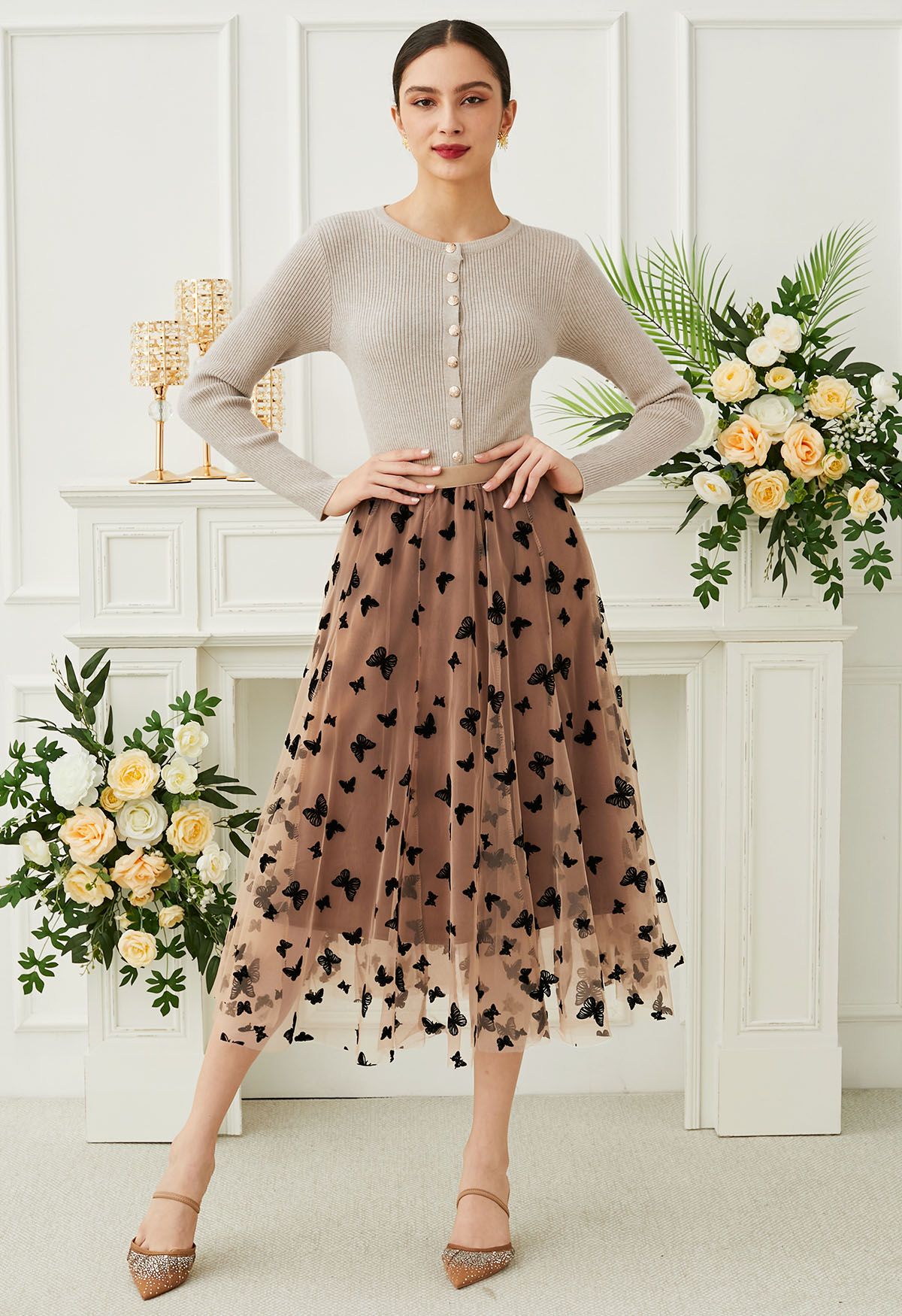 Waltzing Butterfly Mesh Tulle Midi Skirt in Caramel