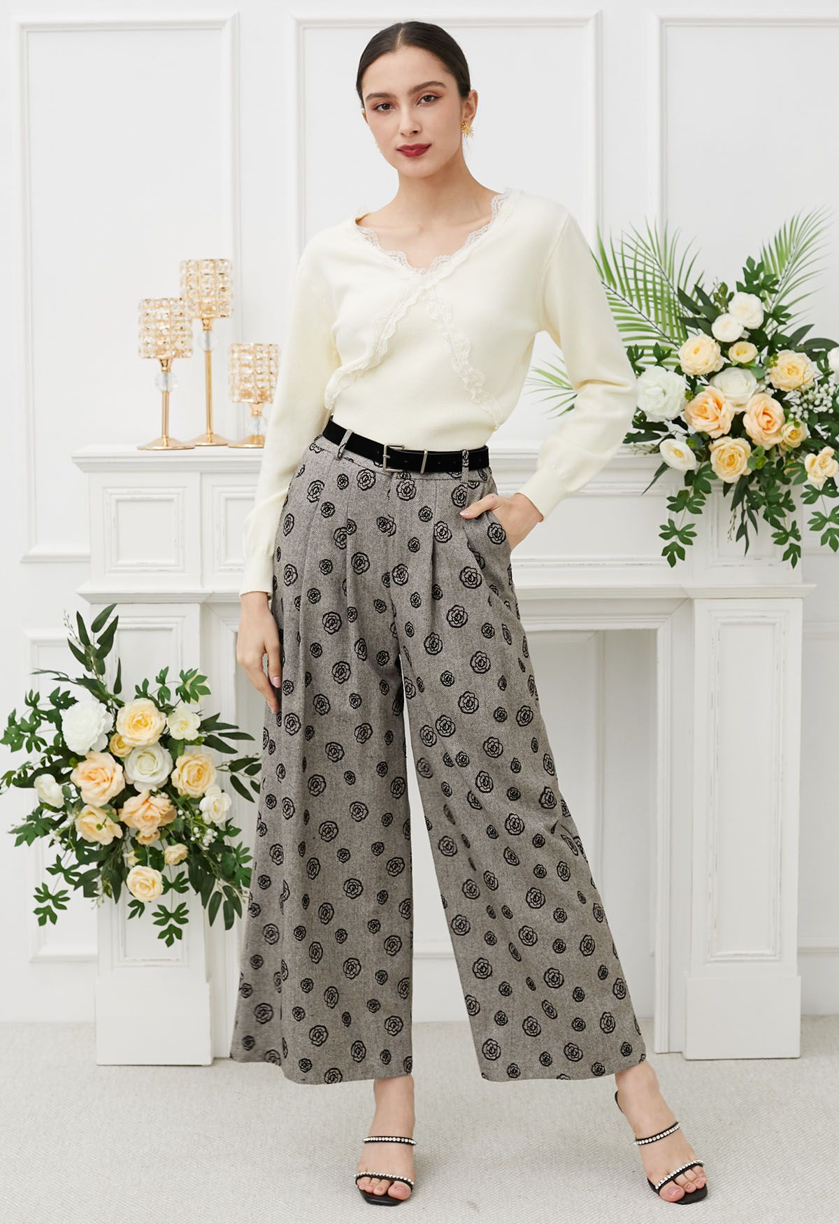 Velvet Rose Printed Herringbone Palazzo Pants with Belt in Khaki