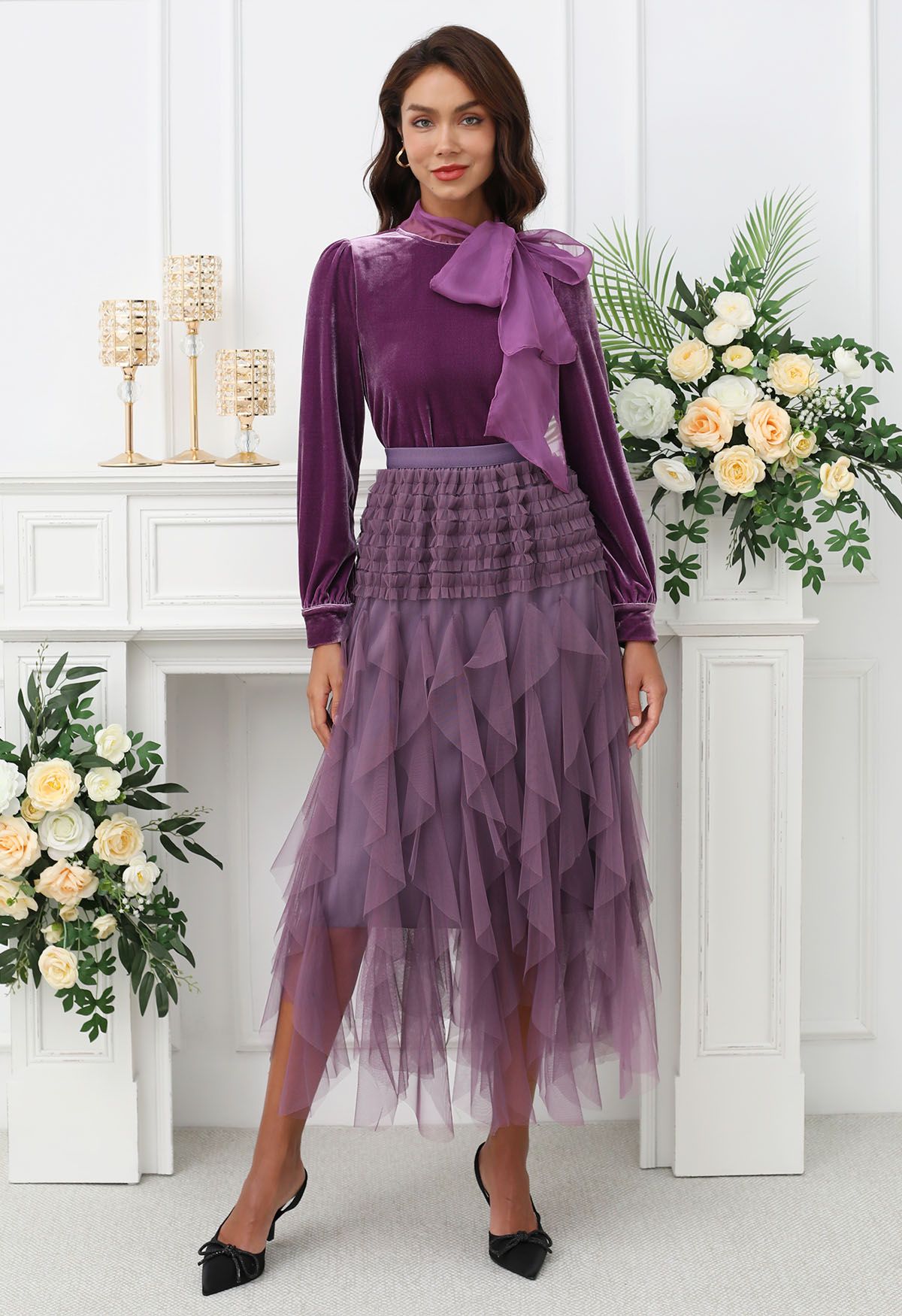 Ruffle Panelled Mesh Tulle Midi Skirt in Purple