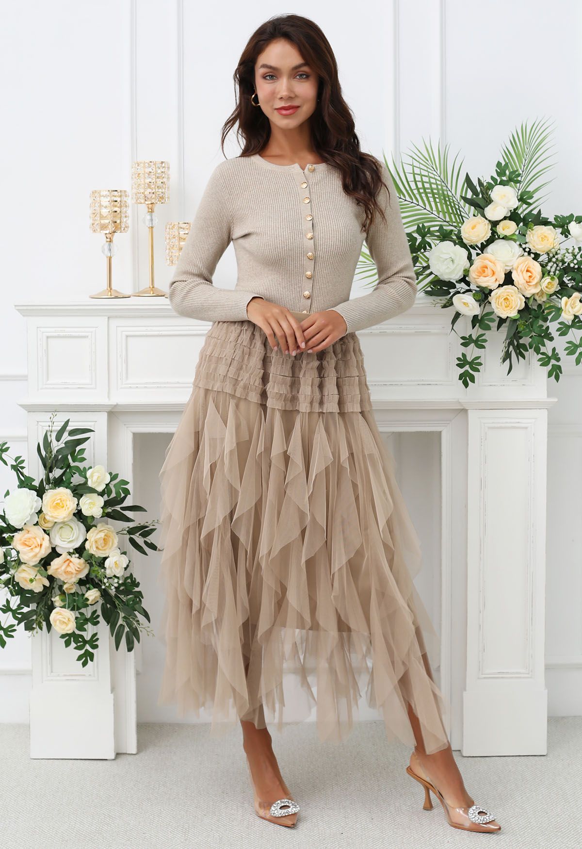 Ruffle Panelled Mesh Tulle Midi Skirt in Light Tan