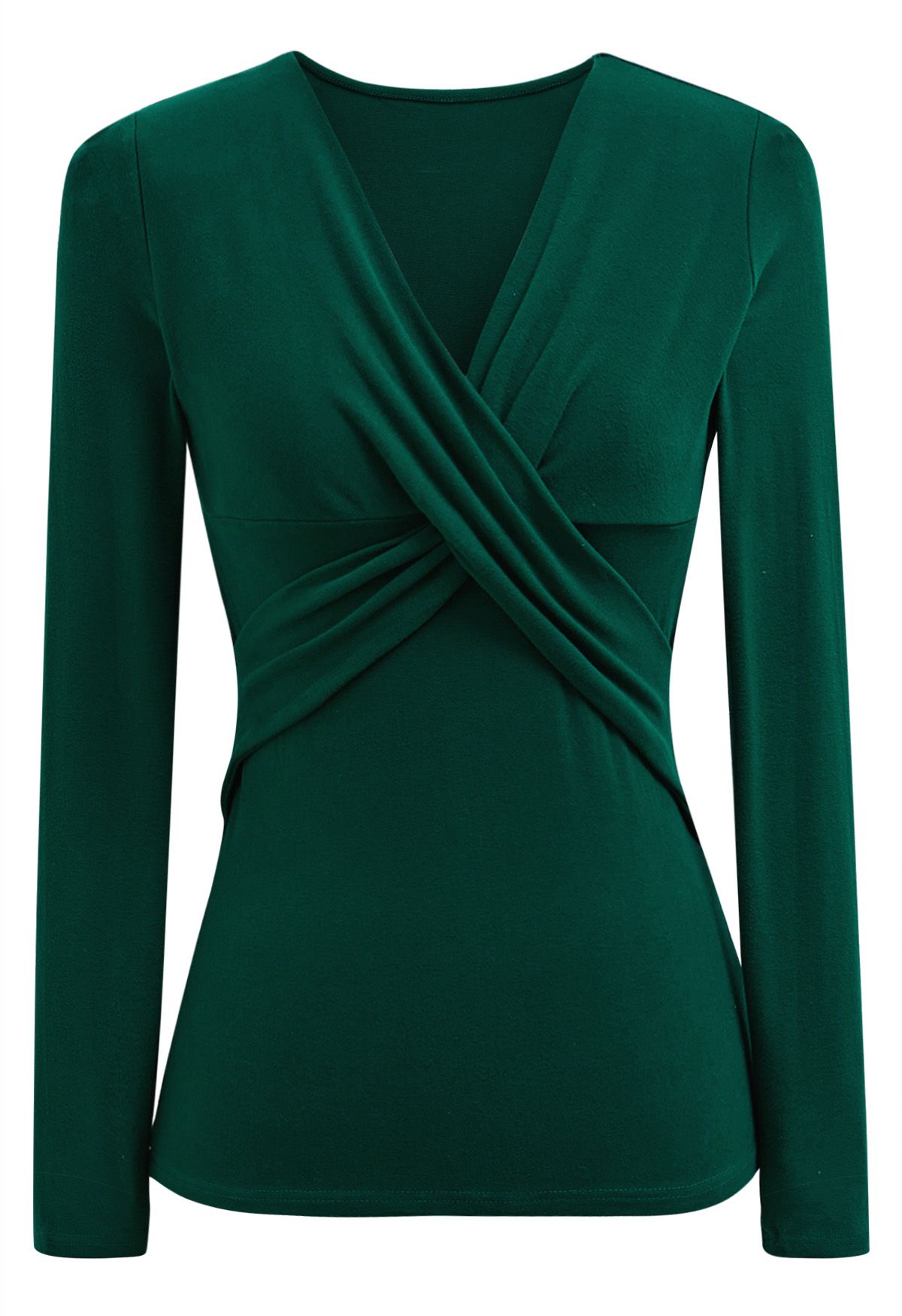 Crisscross V-Neck Fitted Top in Dark Green