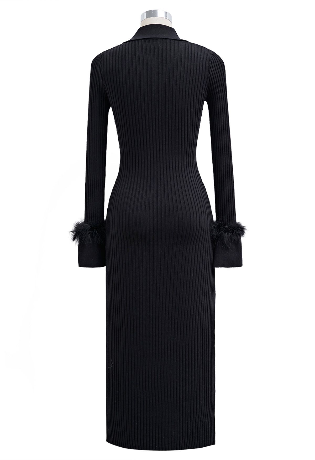 Feather Trim Cuffs Ribbed Knit Midi Dress