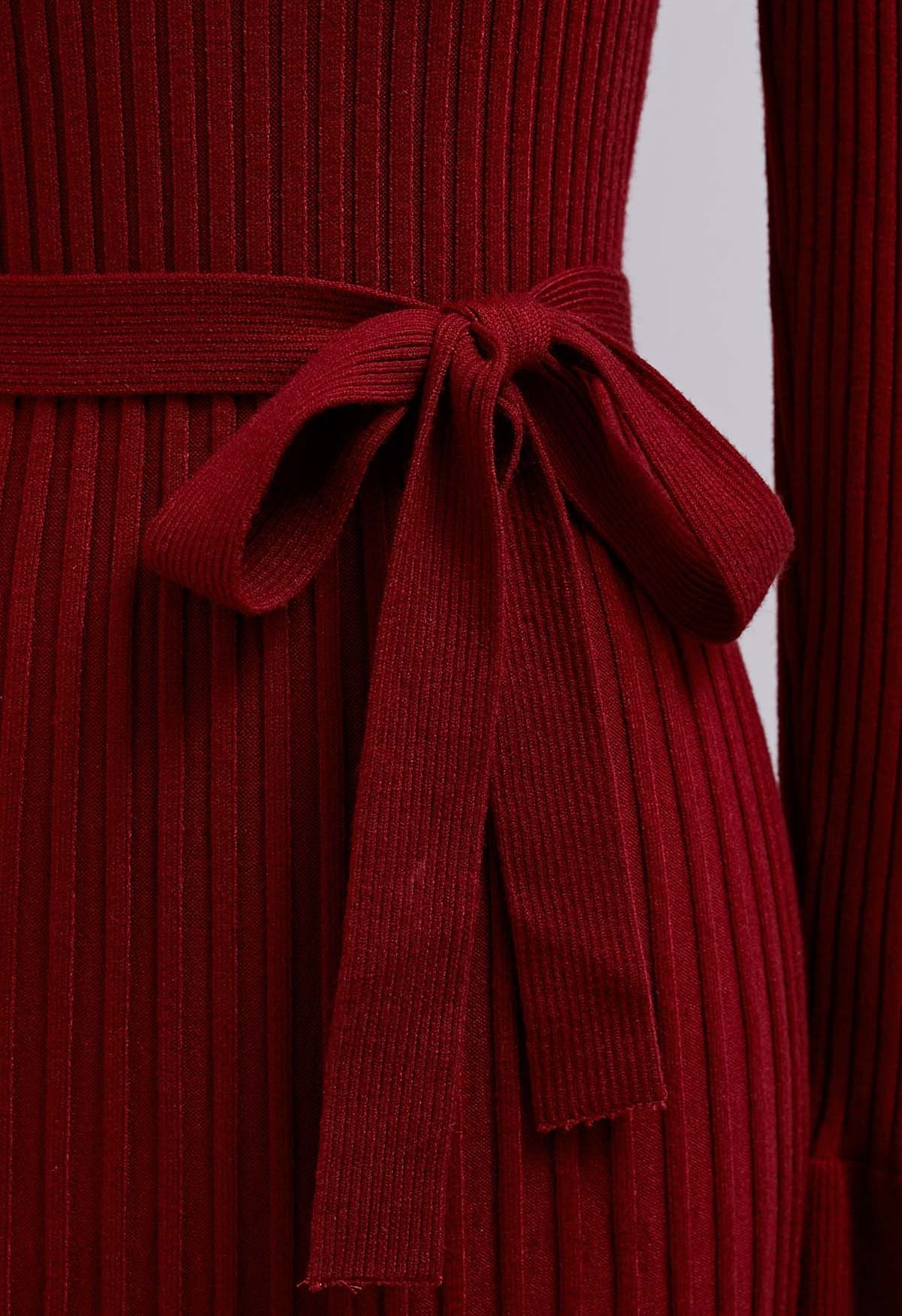 Ruffle Charm Tie Sash Ribbed Knit Dress in Red