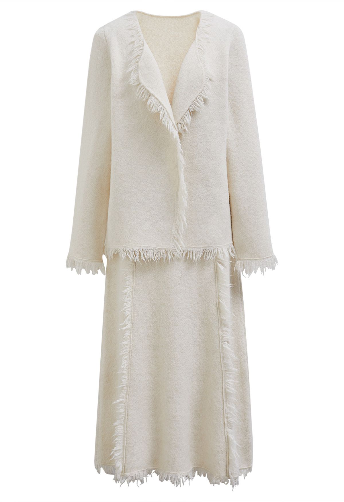 Tassel Trim Knit Cardigan and Skirt Set in Ivory