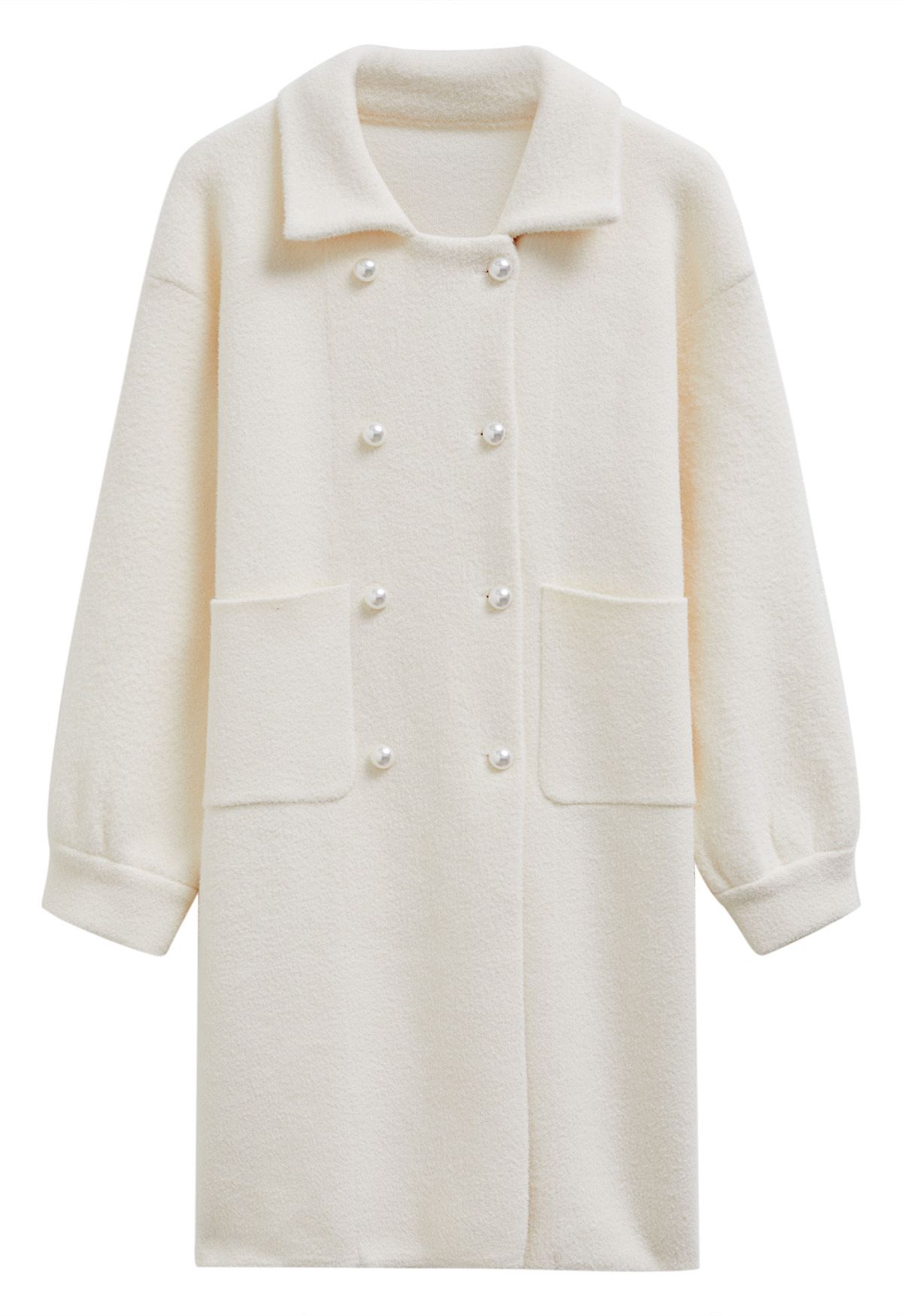 Pearl Double-Breasted Knit Coat in Cream