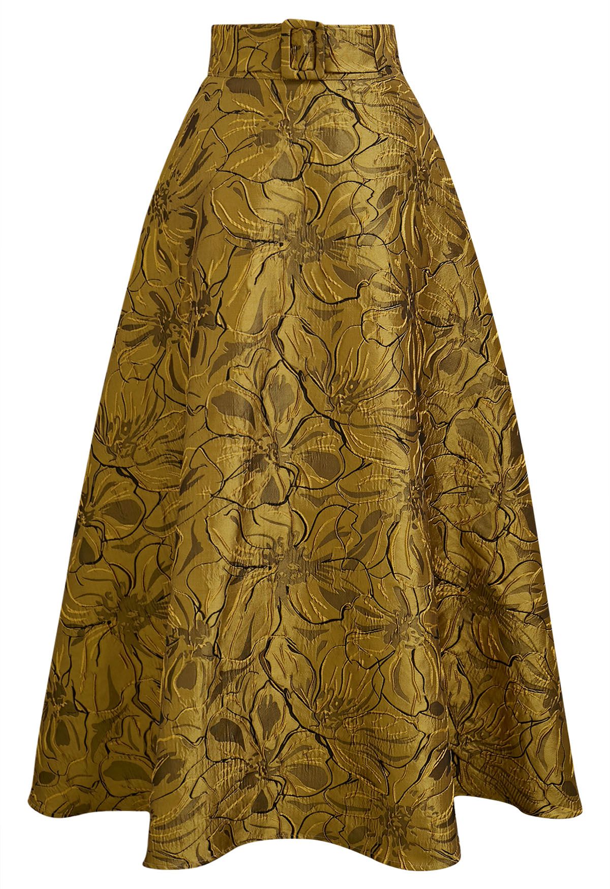 Ornate Bloom Jacquard Belted A-Line Maxi Skirt