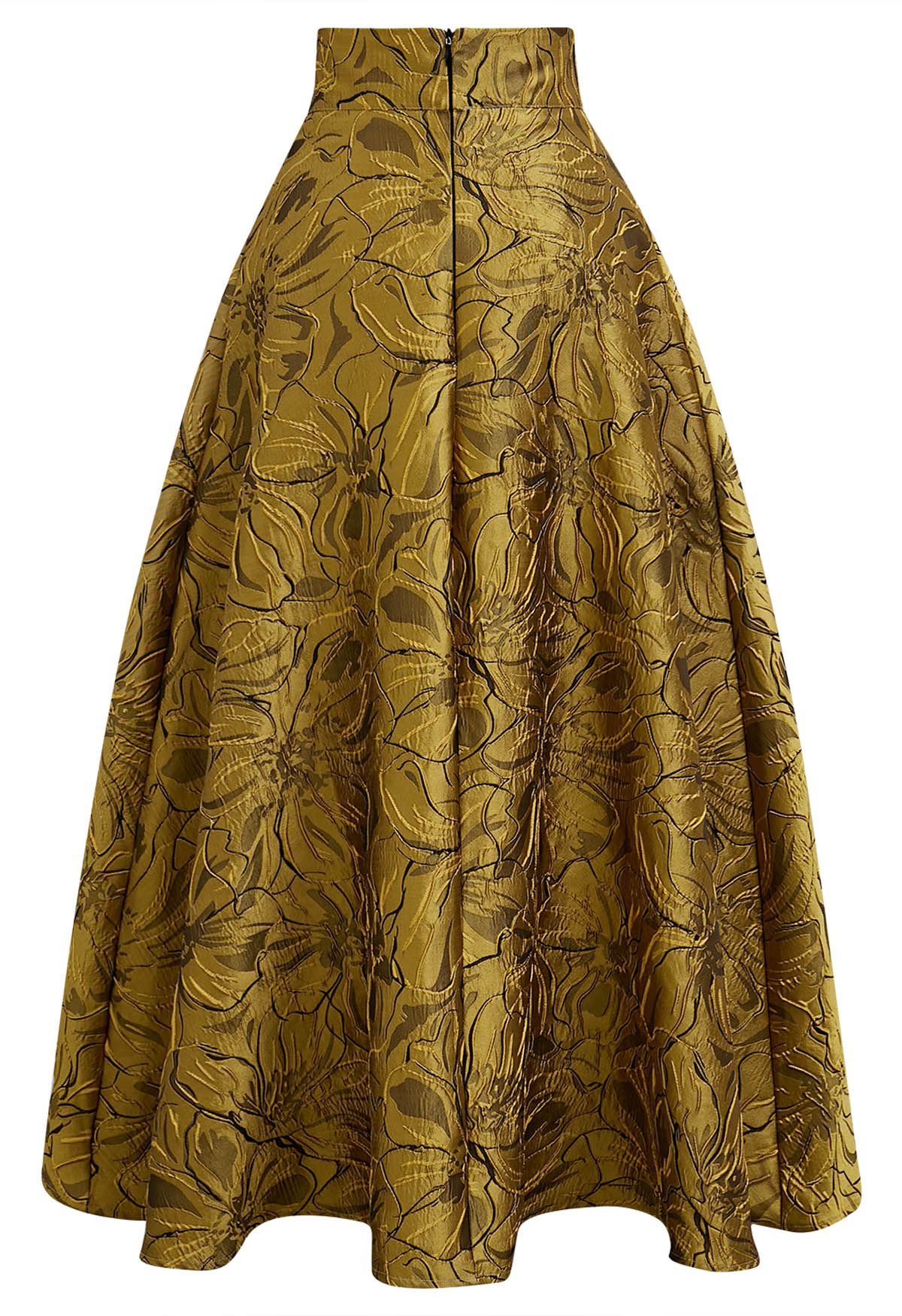 Ornate Bloom Jacquard Belted A-Line Maxi Skirt