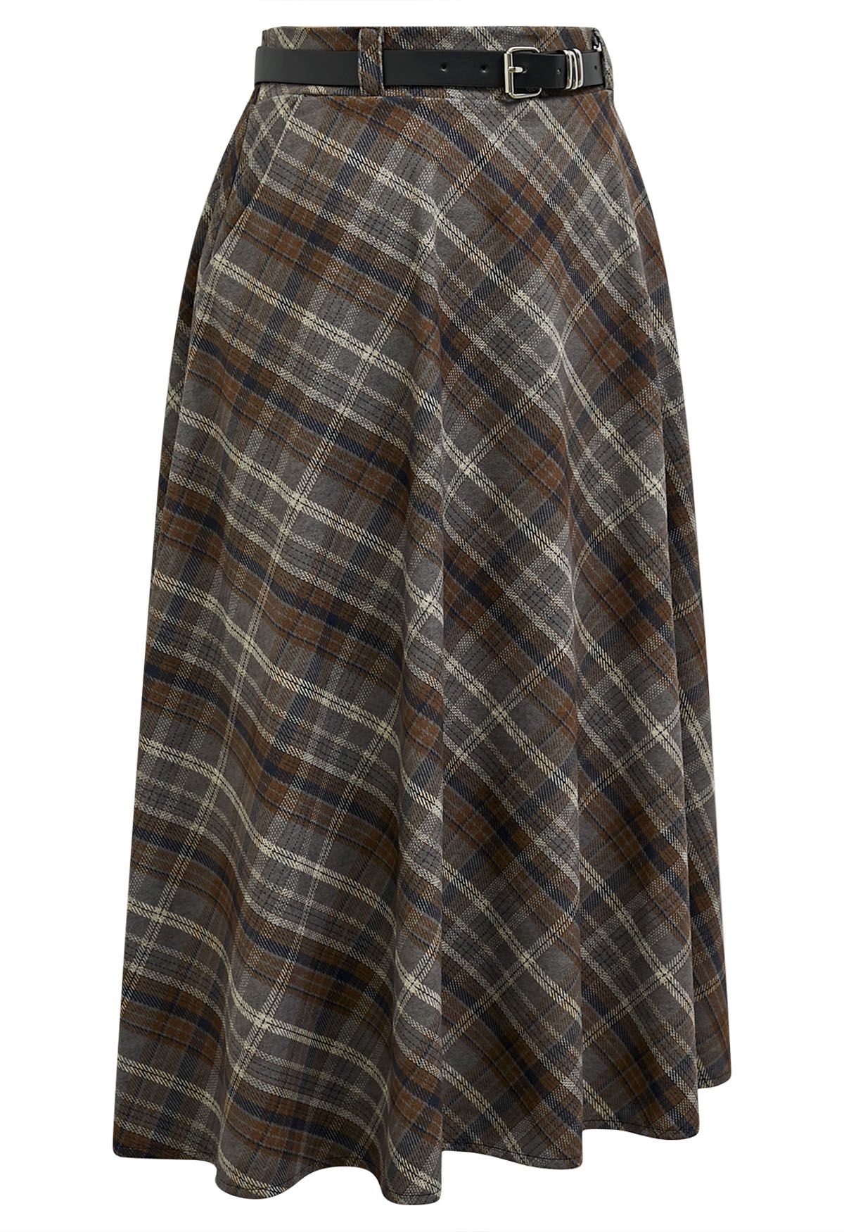 Distinctive Plaid Belted Midi Skirt in Grey