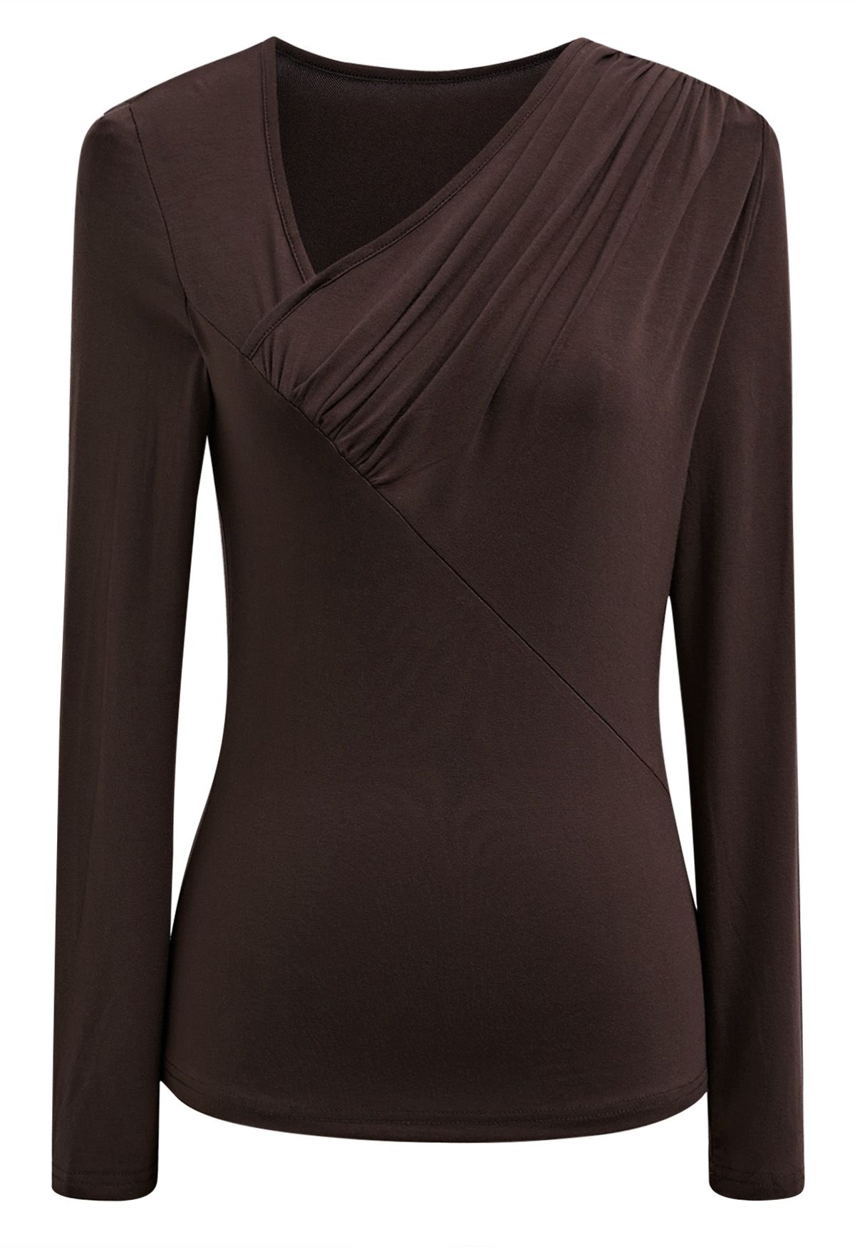 Oblique Ruched Neckline Fitted Top in Brown