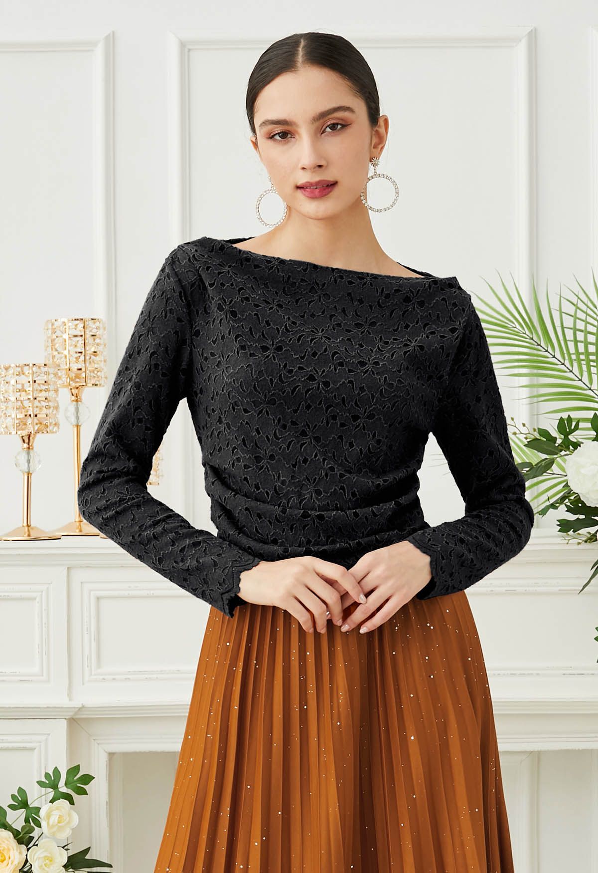 Floral Cutwork Boat Neck Mesh Top in Black