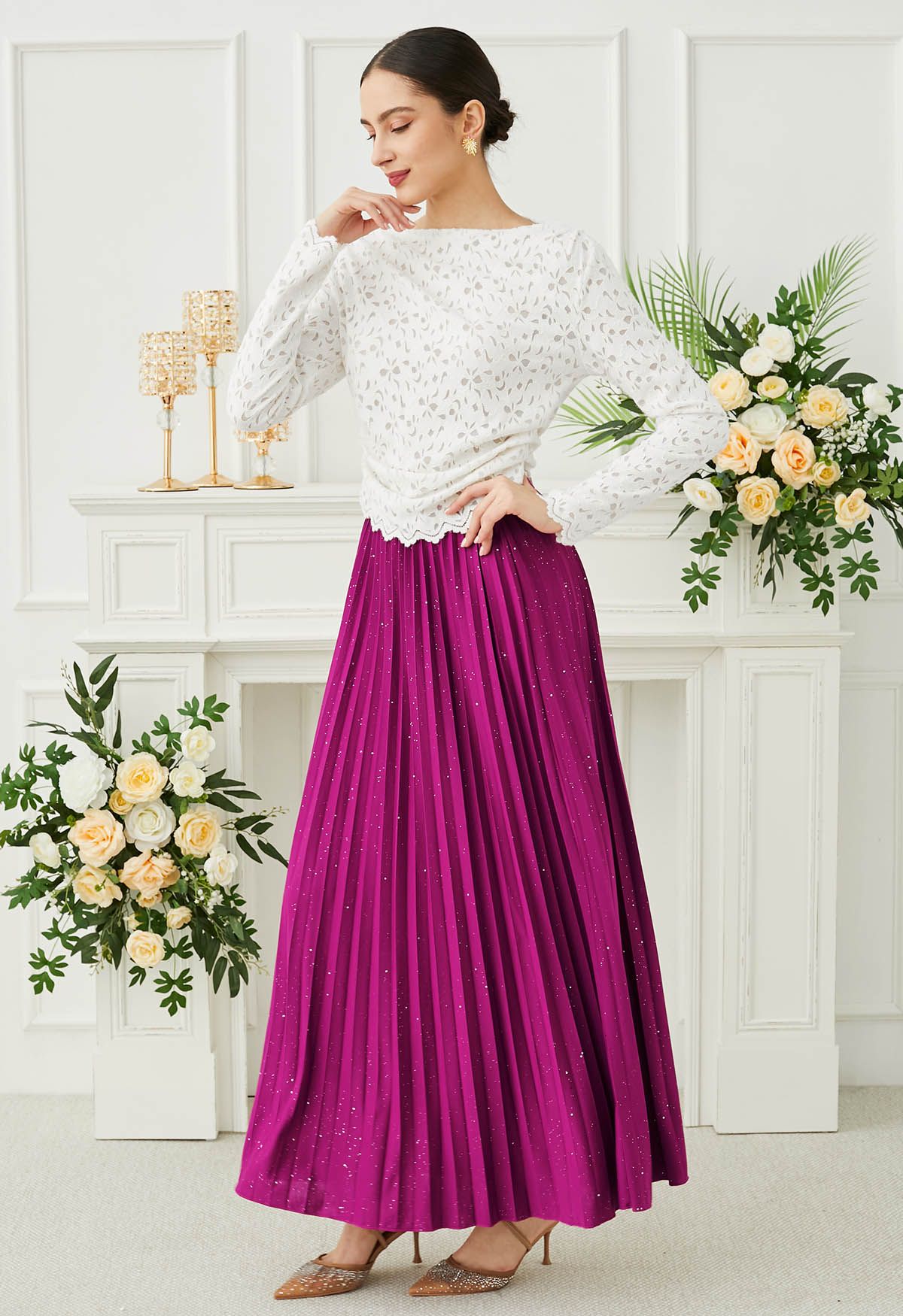 Twinkling Night Pleated Maxi Skirt in Magenta