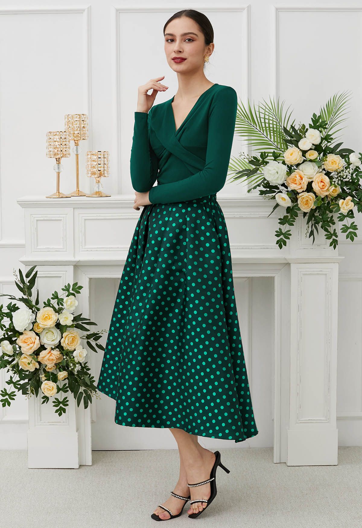 Polka Dot Printed Pleats A-Line Midi Skirt