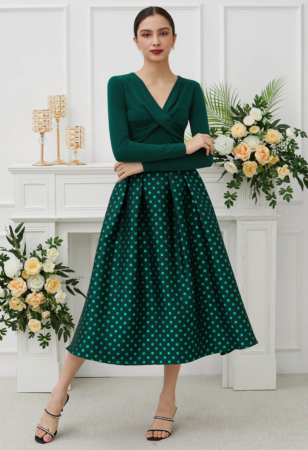 Polka Dot Printed Pleats A-Line Midi Skirt