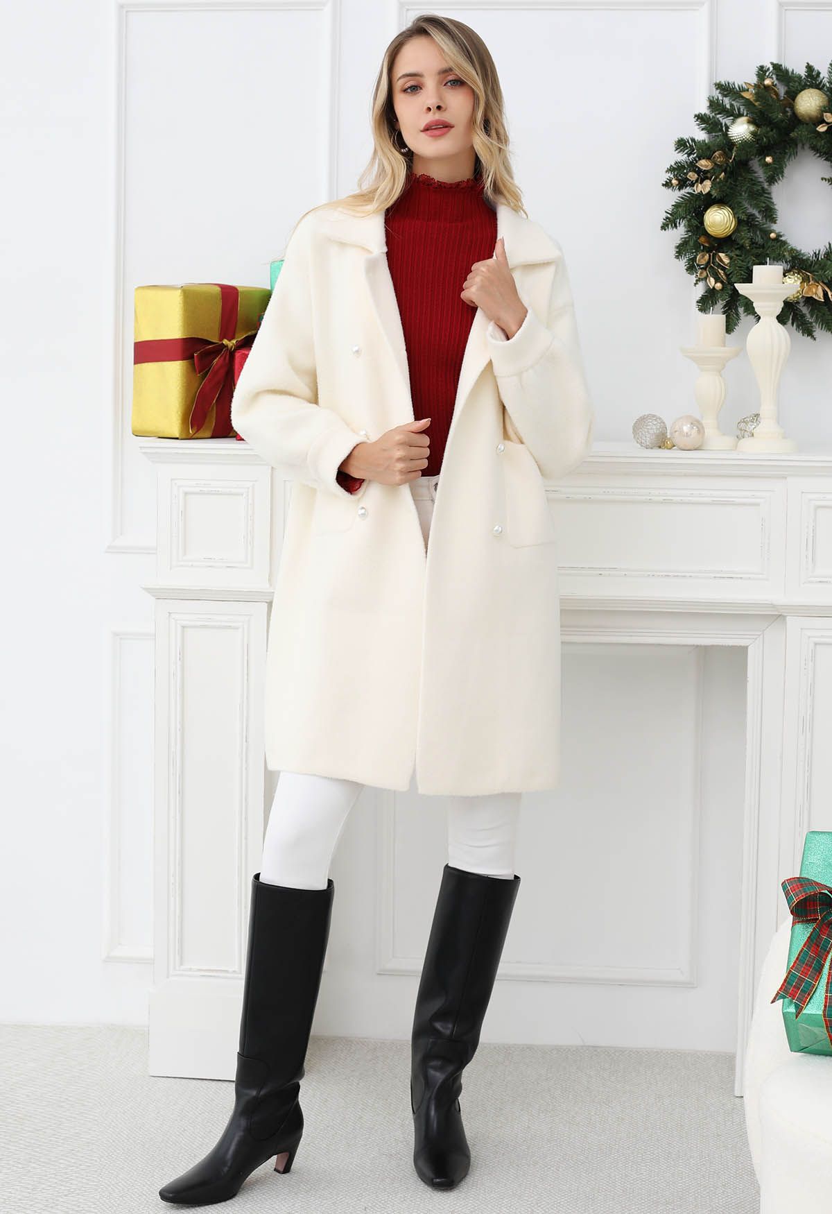 Pearl Double-Breasted Knit Coat in Cream