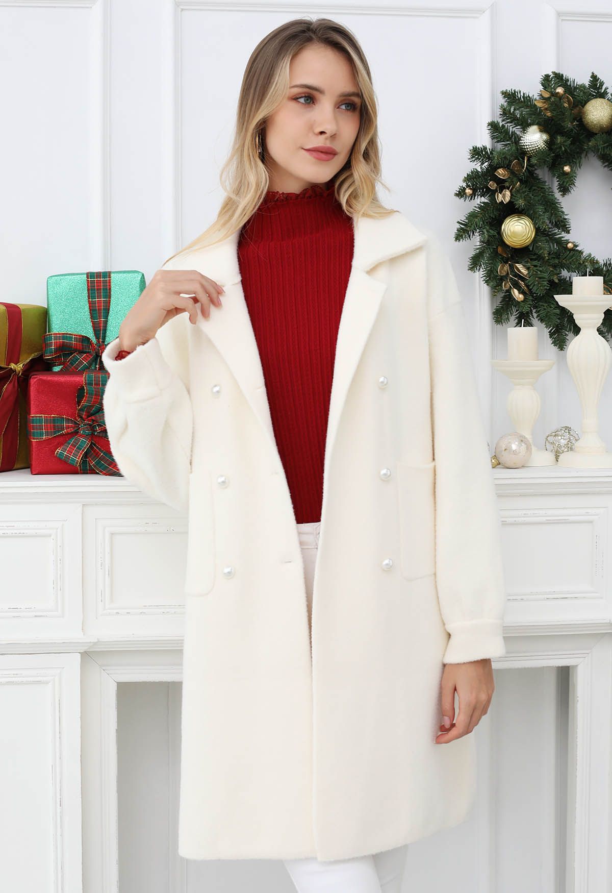 Pearl Double-Breasted Knit Coat in Cream